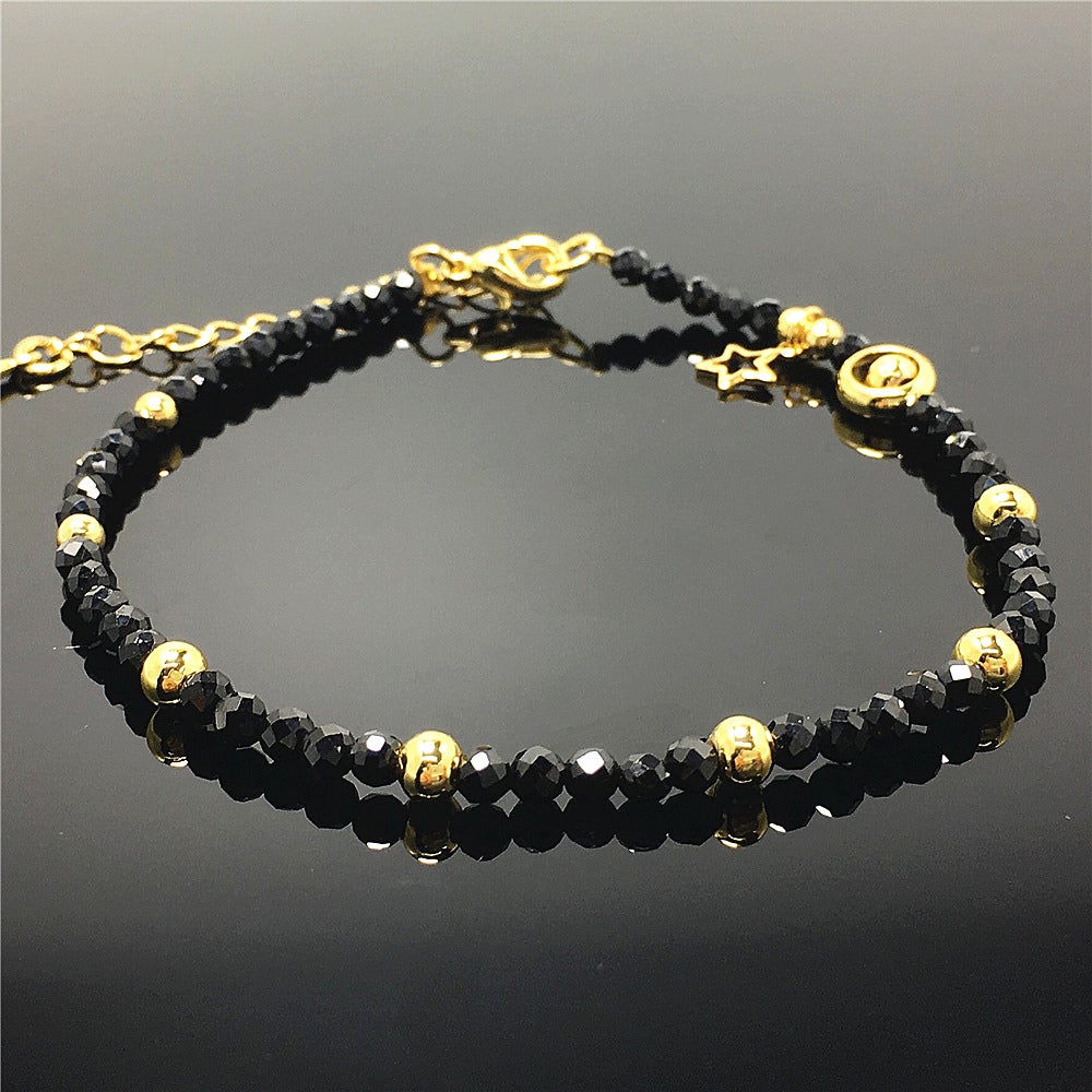 Black Spinel Gemstone Adjustable Tiny Beads Gemstone Bracelet with Love Heart Charm