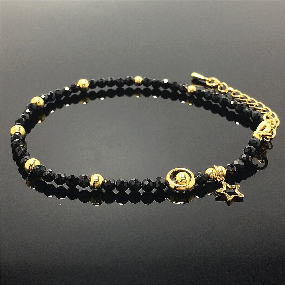 Black Spinel Gemstone Adjustable Tiny Beads Gemstone Bracelet with Love Heart Charm