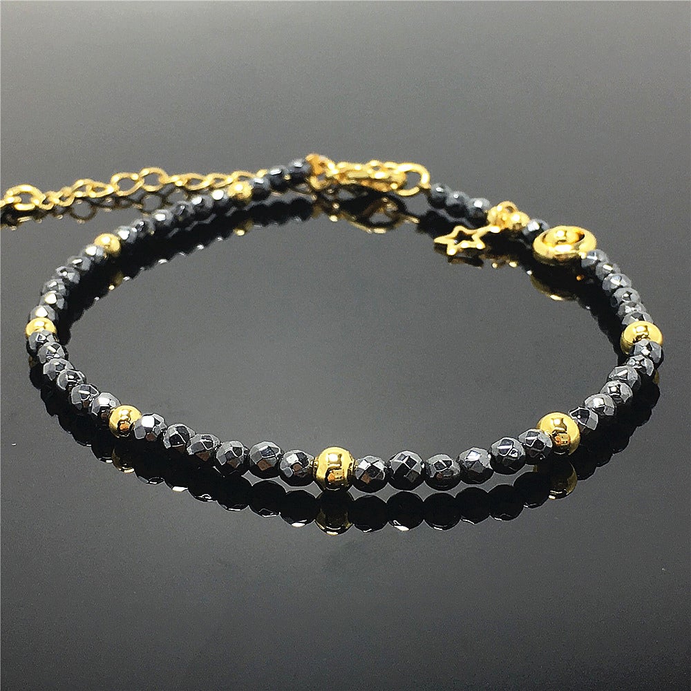 Hematite Gemstone Adjustable Tiny Beads Gemstone Bracelet with Star Charm