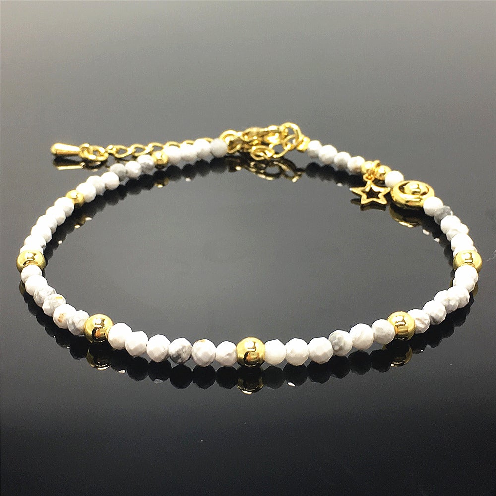 Howlite Gemstone Adjustable Tiny Beads Gemstone Bracelet with Love Heart Charm