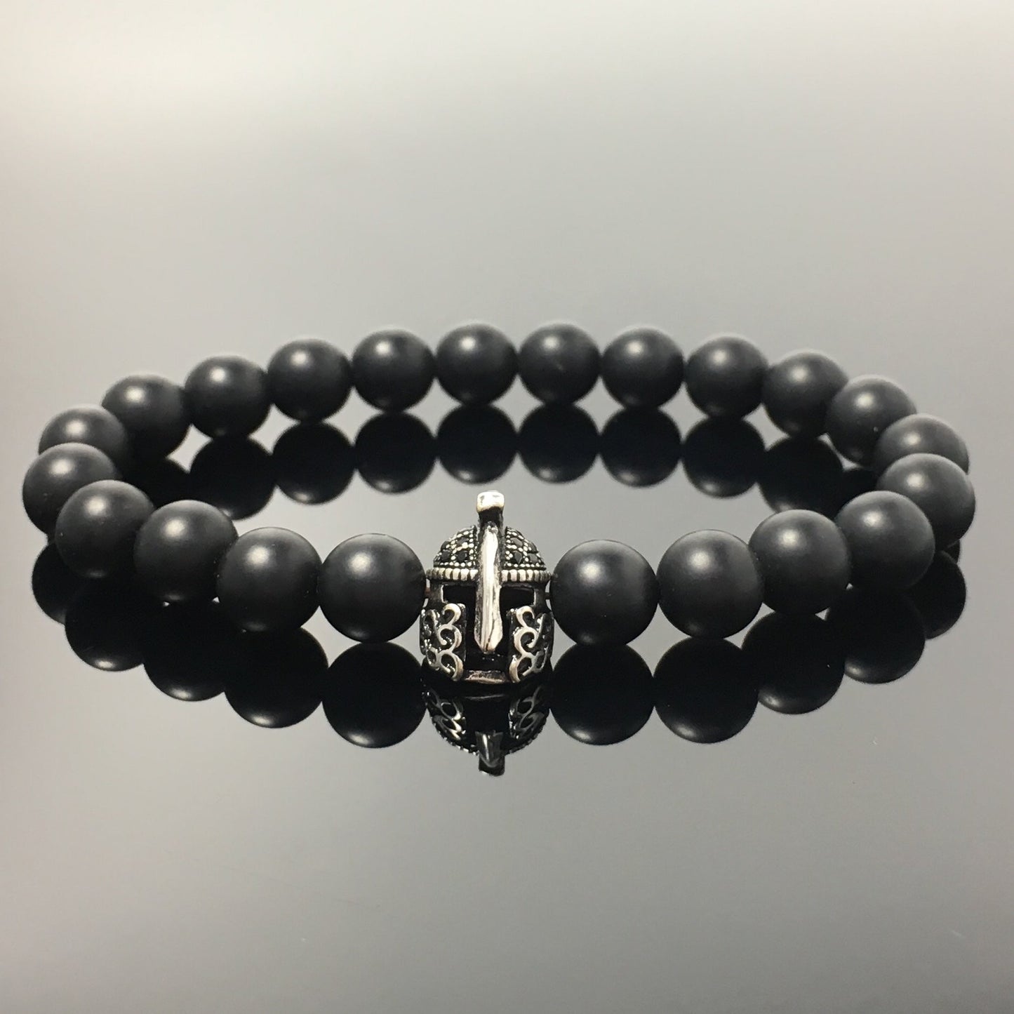 Matte Onyx Gemstone Beaded Bracelet Elastic Stretch Bracelet Spartan Helmet Design