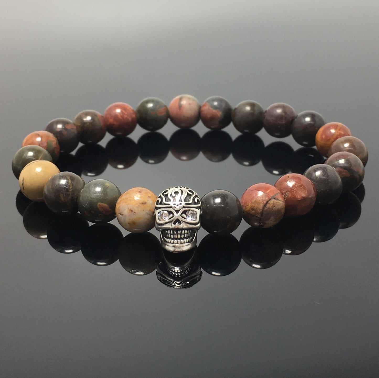 Gemstone Beaded Picasso Stone Elastic Stretch Bracelet Tattoo Skull Design