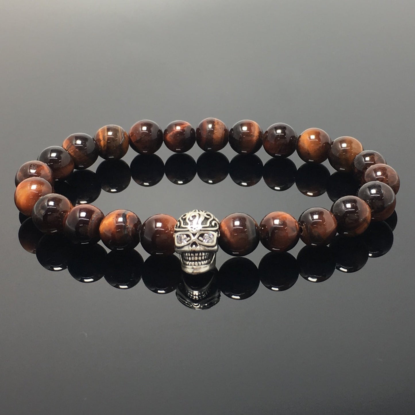 Gemstone Beaded Red Tiger Eye Stone Elastic Stretch Bracelet Tattoo Skull Design