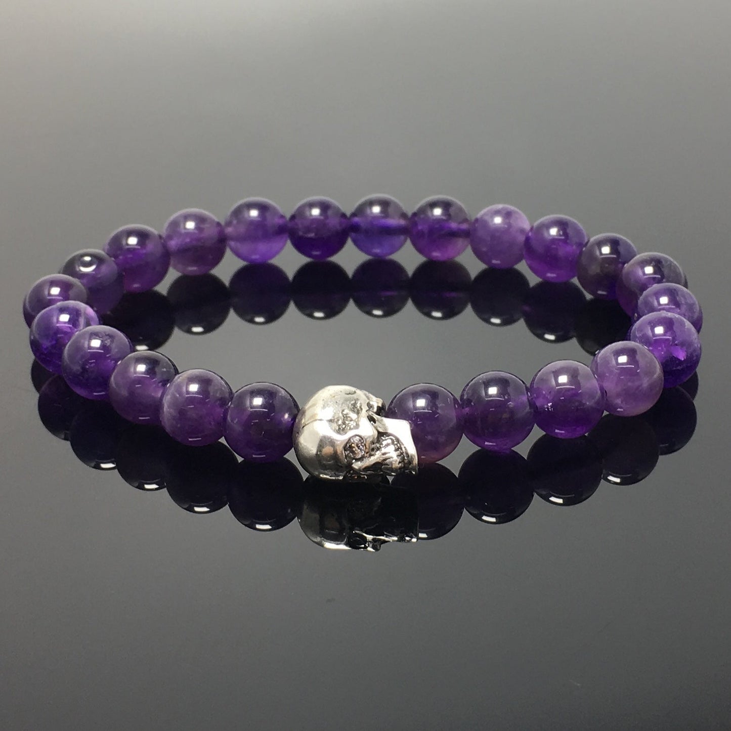 Bold Skull Amethyst Handmade Gemstone Crystal Bracelet