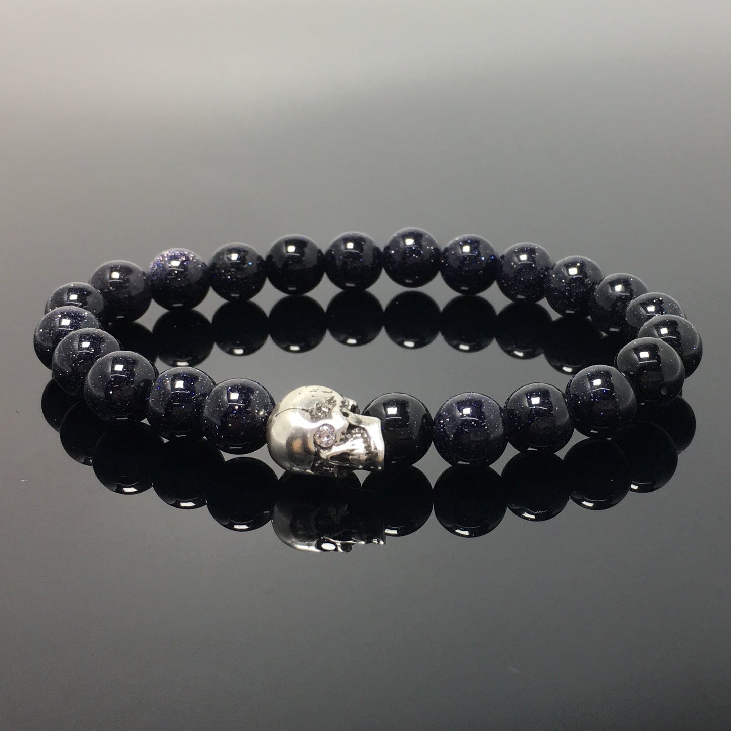 Blue Sandstone Gemstone Bold Skull Bracelet Women Men Beaded Stretch Bracelet Jewelry