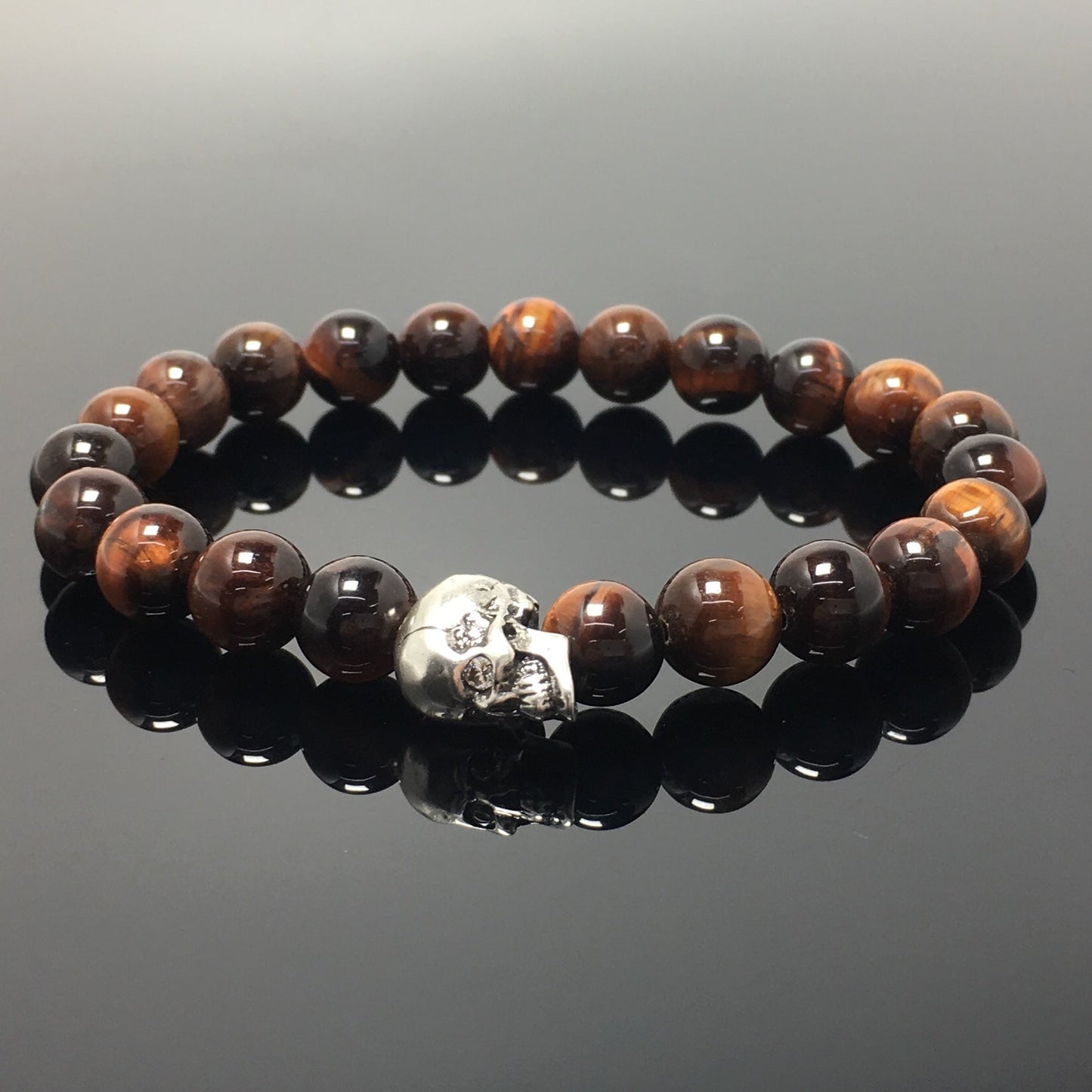 Bold Skull Red Tiger Eye Handmade Gemstone Crystal Bracelet