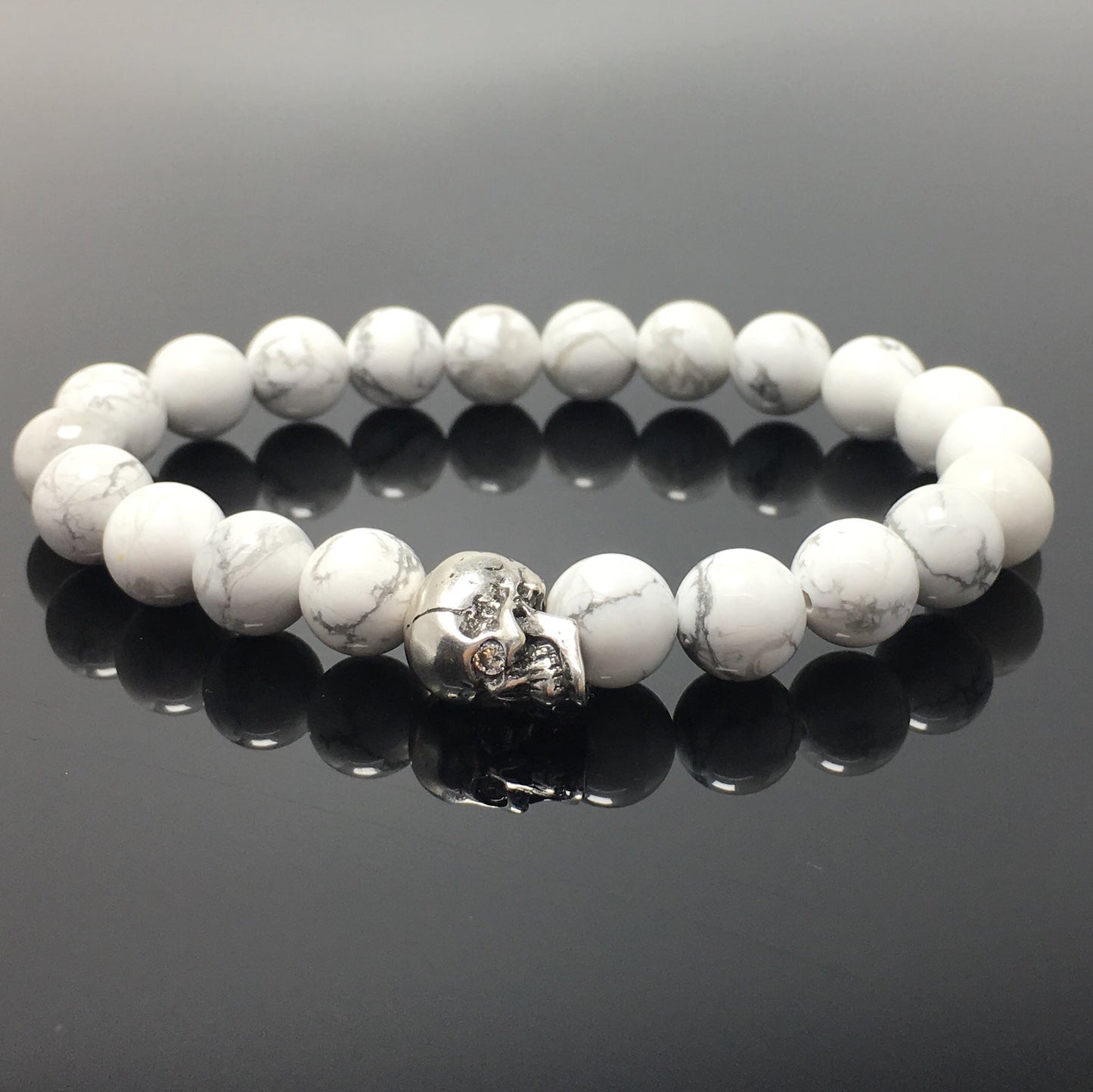 Howlite Gemstone Bold Skull Bracelet Women Men Beaded Stretch Bracelet Jewelry