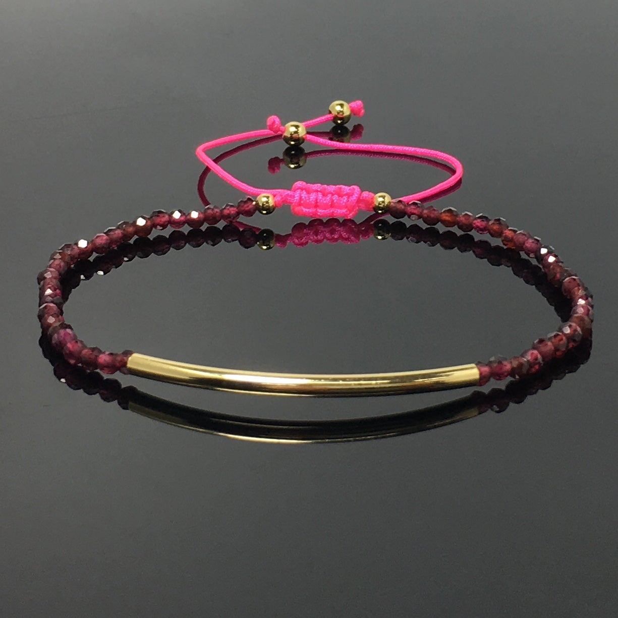 Natural Garnet Gemstone Braid Rope Macrame Adjustable Bracelet Tiny Beads Gemstone Bracelet with Gold Spacer