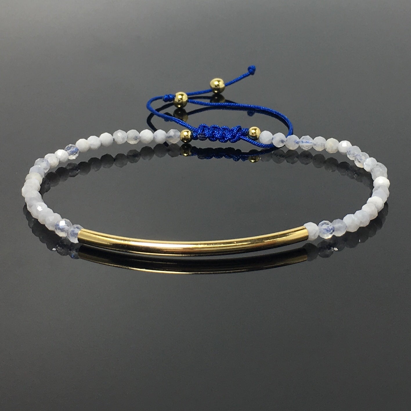 Natural Moonstone Gemstone Braid Rope Macrame Adjustable Bracelet Tiny Beads Gemstone Bracelet with Gold Spacer