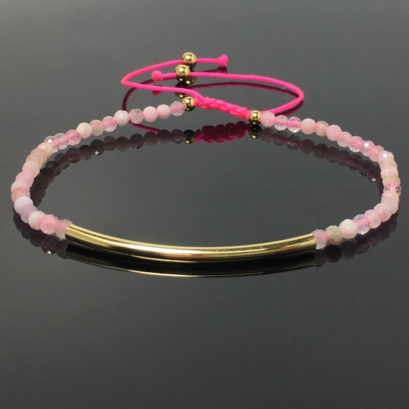 Natural Morganite Gemstone Braid Rope Macrame Adjustable Bracelet Tiny Beads Gemstone Bracelet with Gold Spacer