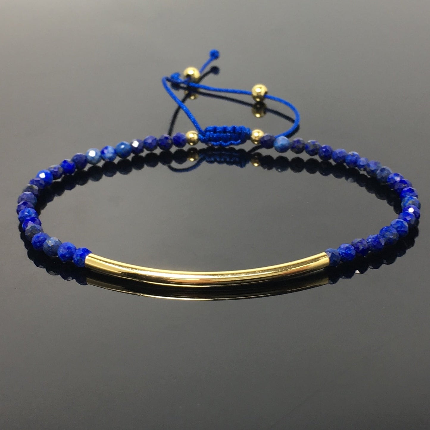 Natural Lapis Lazuli Gemstone Braid Rope Macrame Adjustable Bracelet Tiny Beads Gemstone Bracelet with Gold Spacer