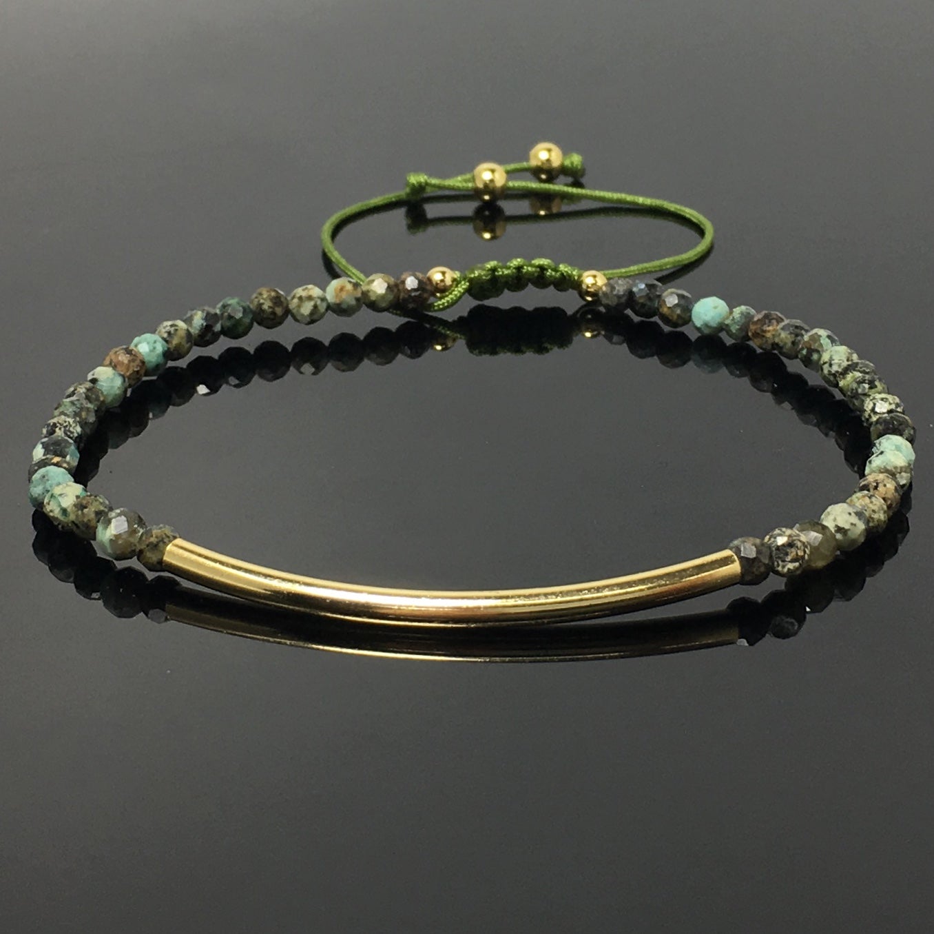 Natural African Turquoise Gemstone Braid Rope Macrame Adjustable Bracelet Tiny Beads Gemstone Bracelet with Gold Spacer