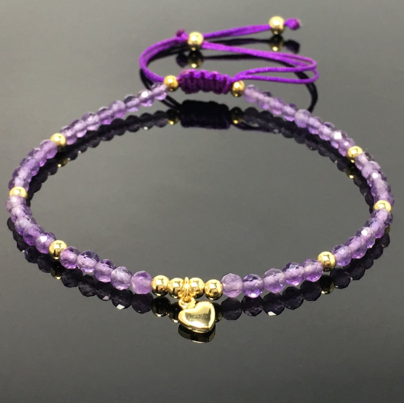 Amethyst Gemstone Braid Rope Macrame Adjustable Bracelet Tiny Beads Gemstone Bracelet with Love Heart Charm