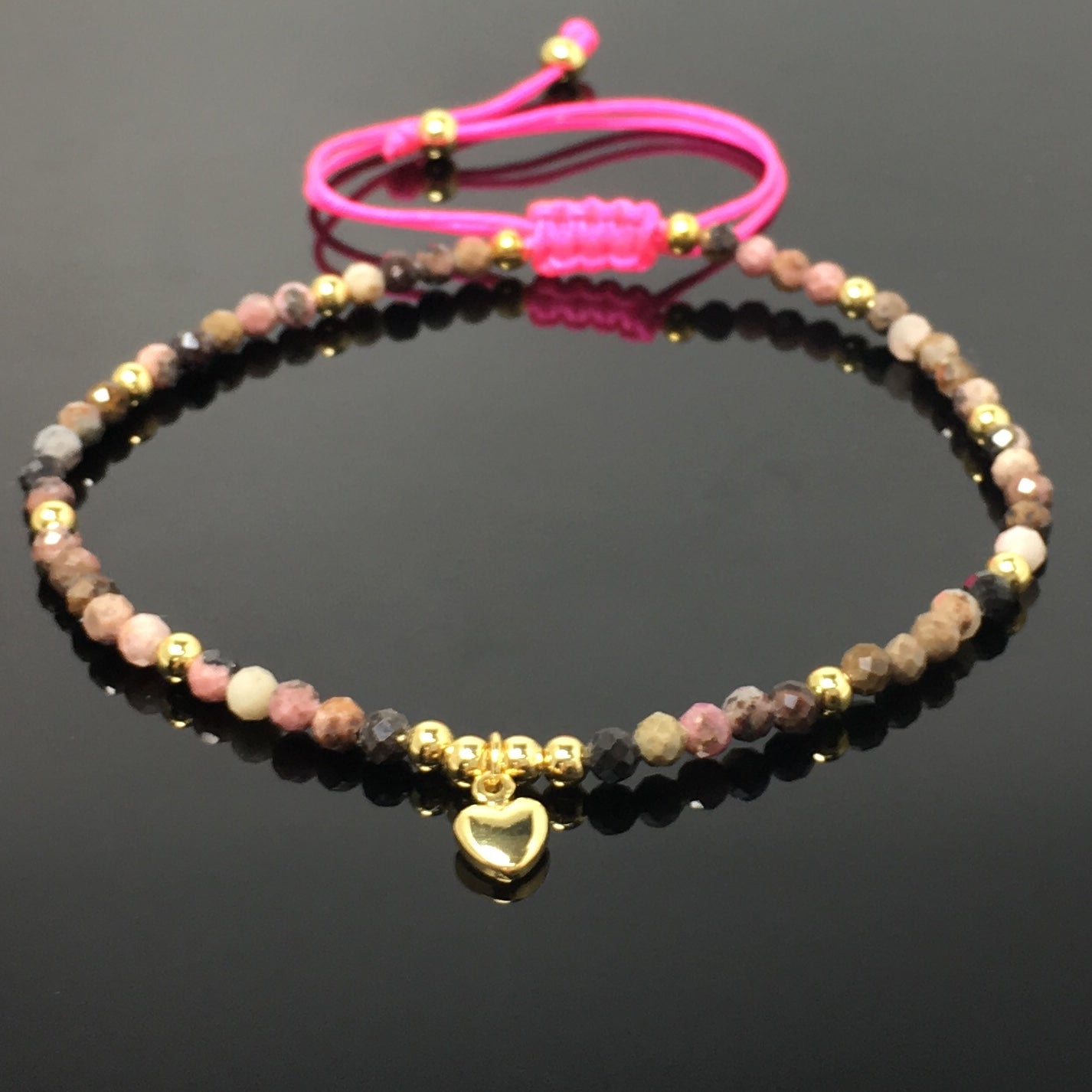 Pink Rhodonite Gemstone Braid Rope Macrame Adjustable Bracelet Tiny Beads Gemstone Bracelet with Love Heart Charm