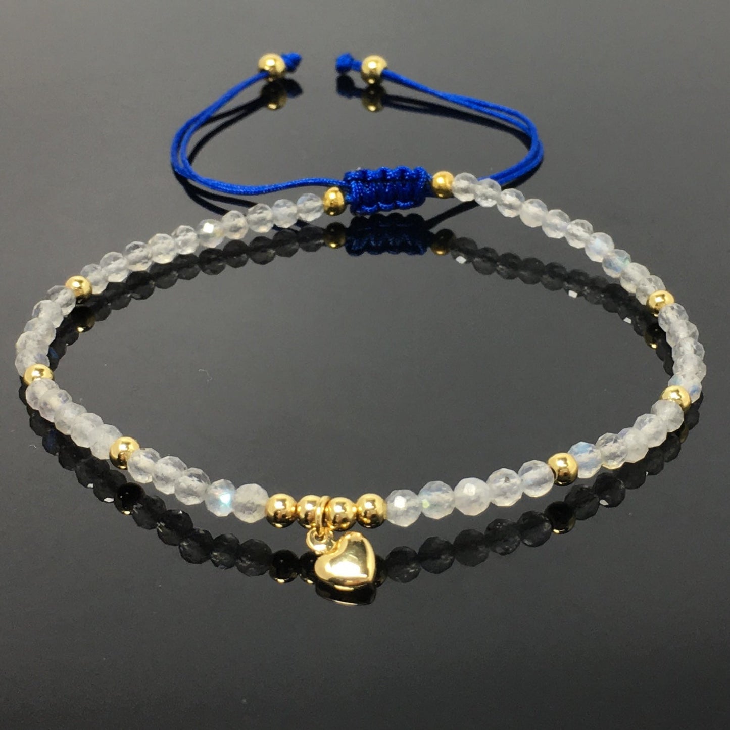 Labradorite Gemstone Braid Rope Macrame Adjustable Bracelet Tiny Beads Gemstone Bracelet with Love Heart Charm