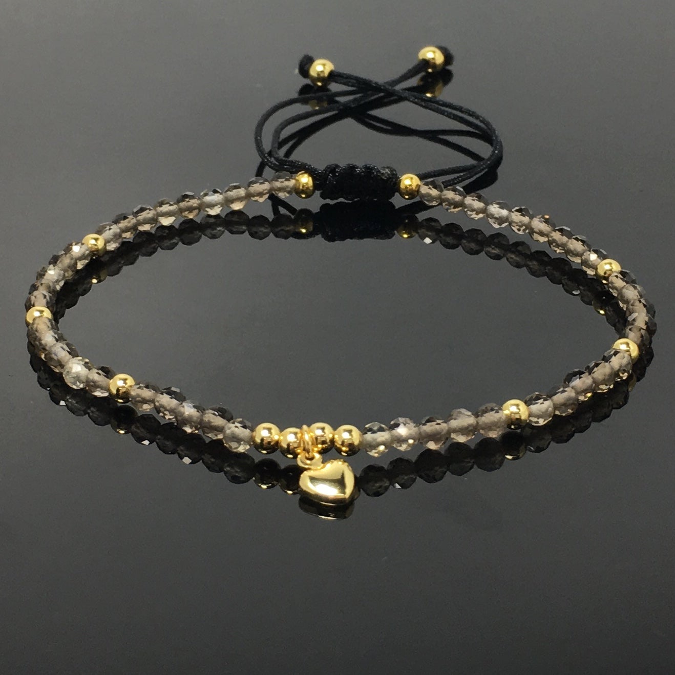 Smoky Quartz Gemstone Braid Rope Macrame Adjustable Bracelet Tiny Beads Gemstone Bracelet with Love Heart Charm