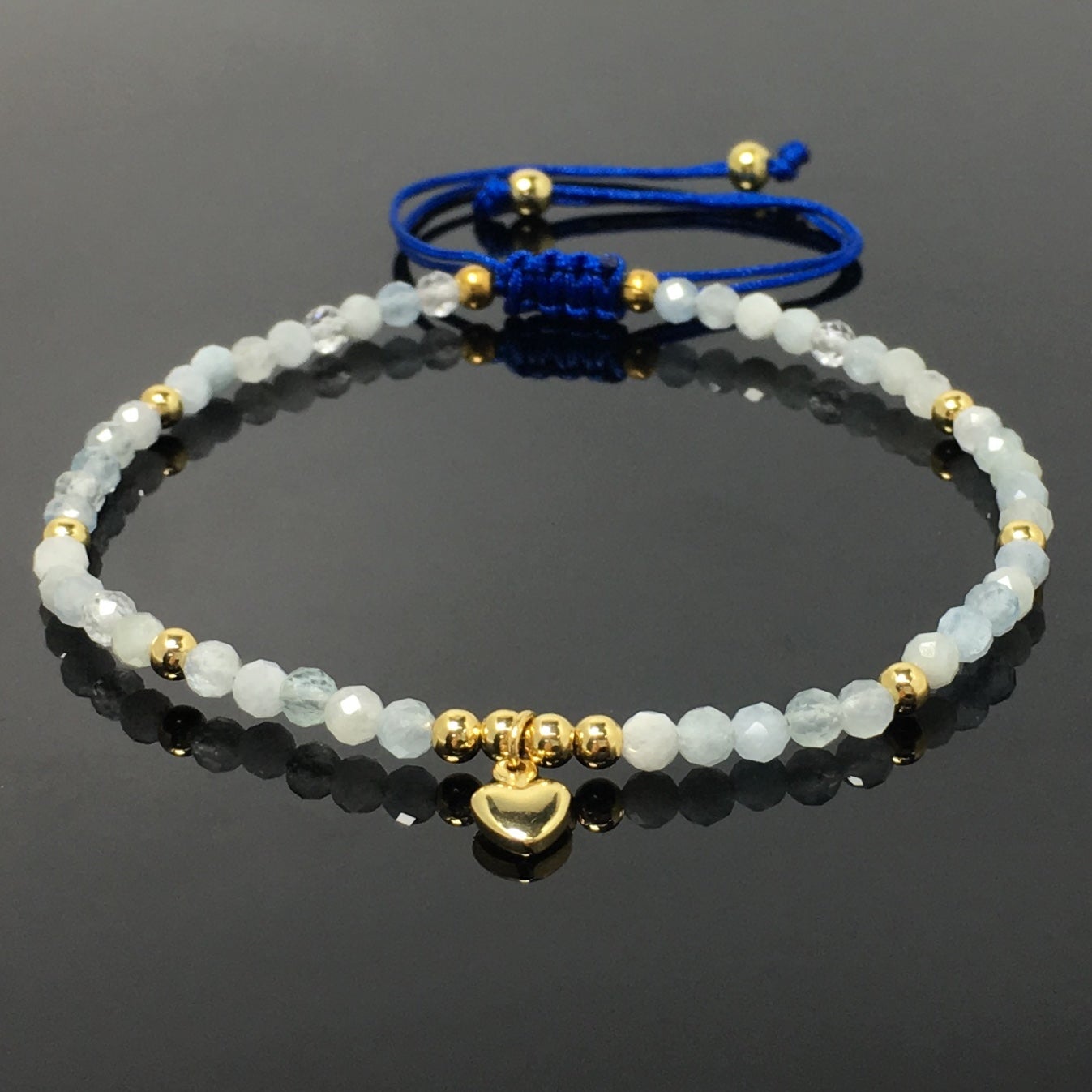Aquamarine Gemstone Braid Rope Macrame Adjustable Bracelet Tiny Beads Gemstone Bracelet with Love Heart Charm