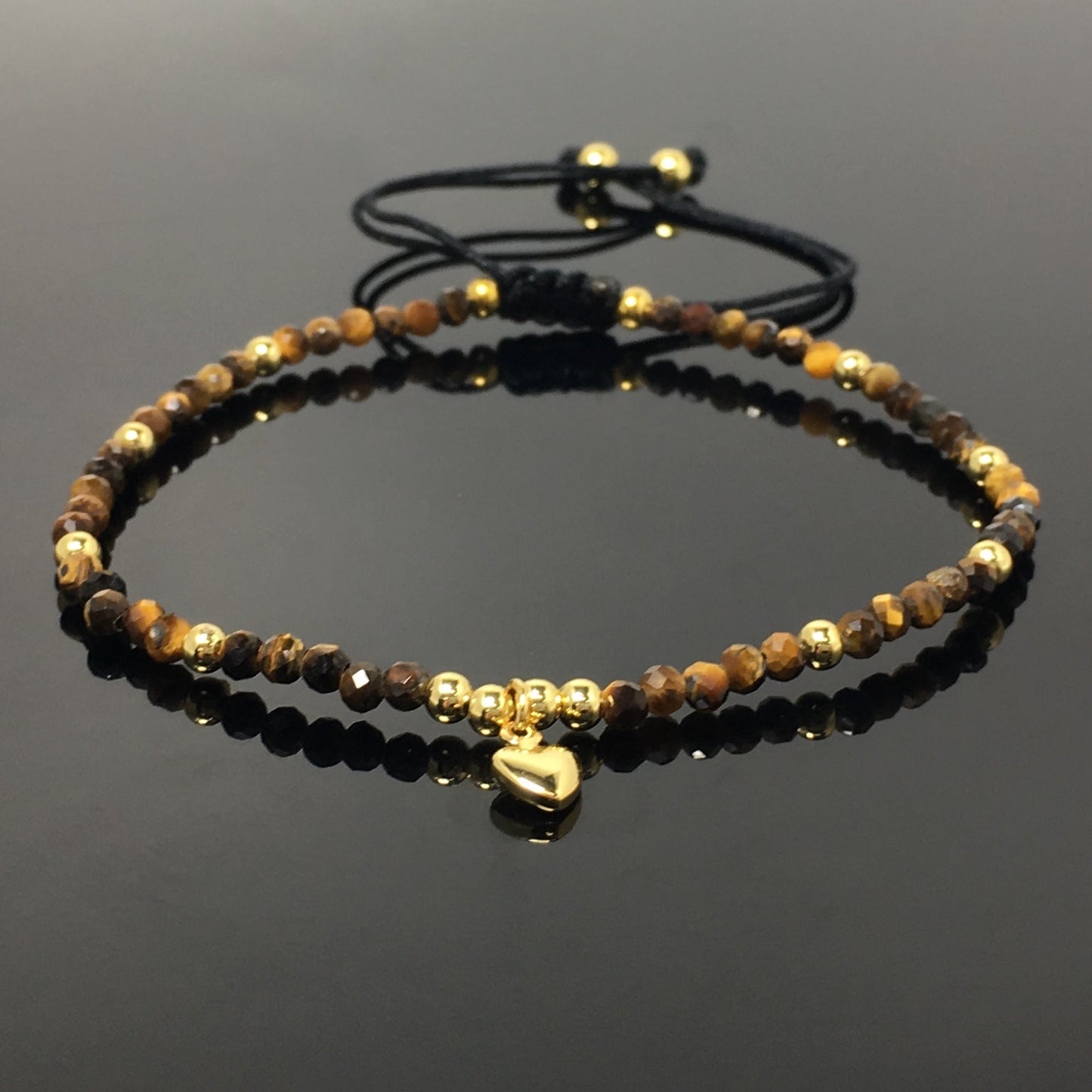 Tiger Eyes Gemstone Braid Rope Macrame Adjustable Bracelet Tiny Beads Gemstone Bracelet with Love Heart Charm