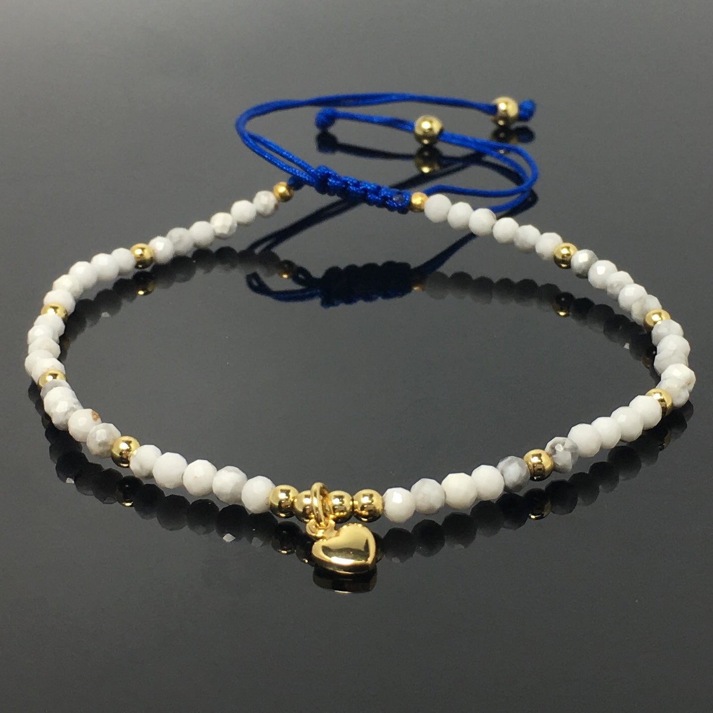 Howlite Gemstone Braid Rope Macrame Adjustable Bracelet Tiny Beads Gemstone Bracelet with Love Heart Charm