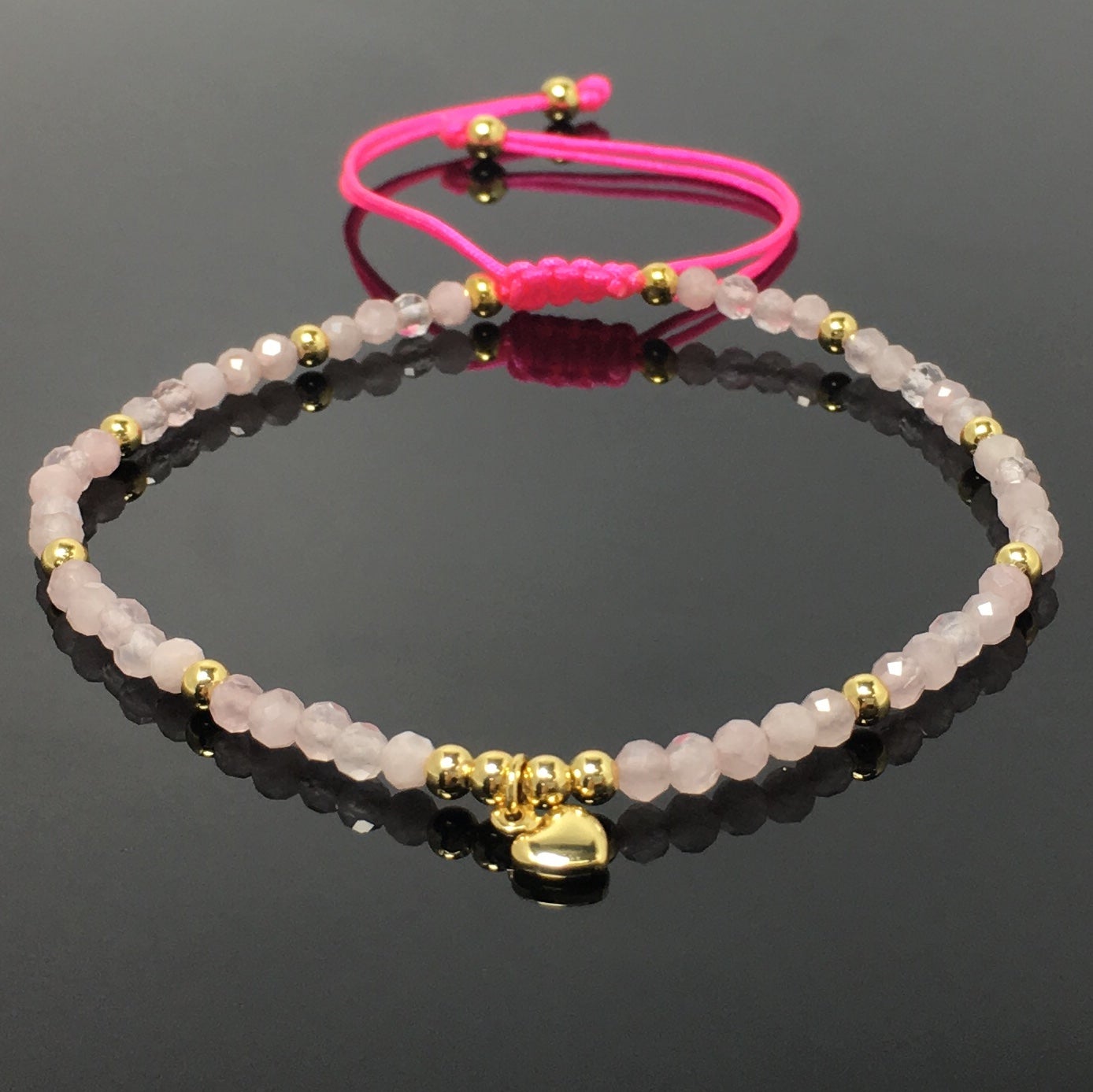 Rose Quartz Gemstone Braid Rope Macrame Adjustable Bracelet Tiny Beads Gemstone Bracelet with Love Heart Charm