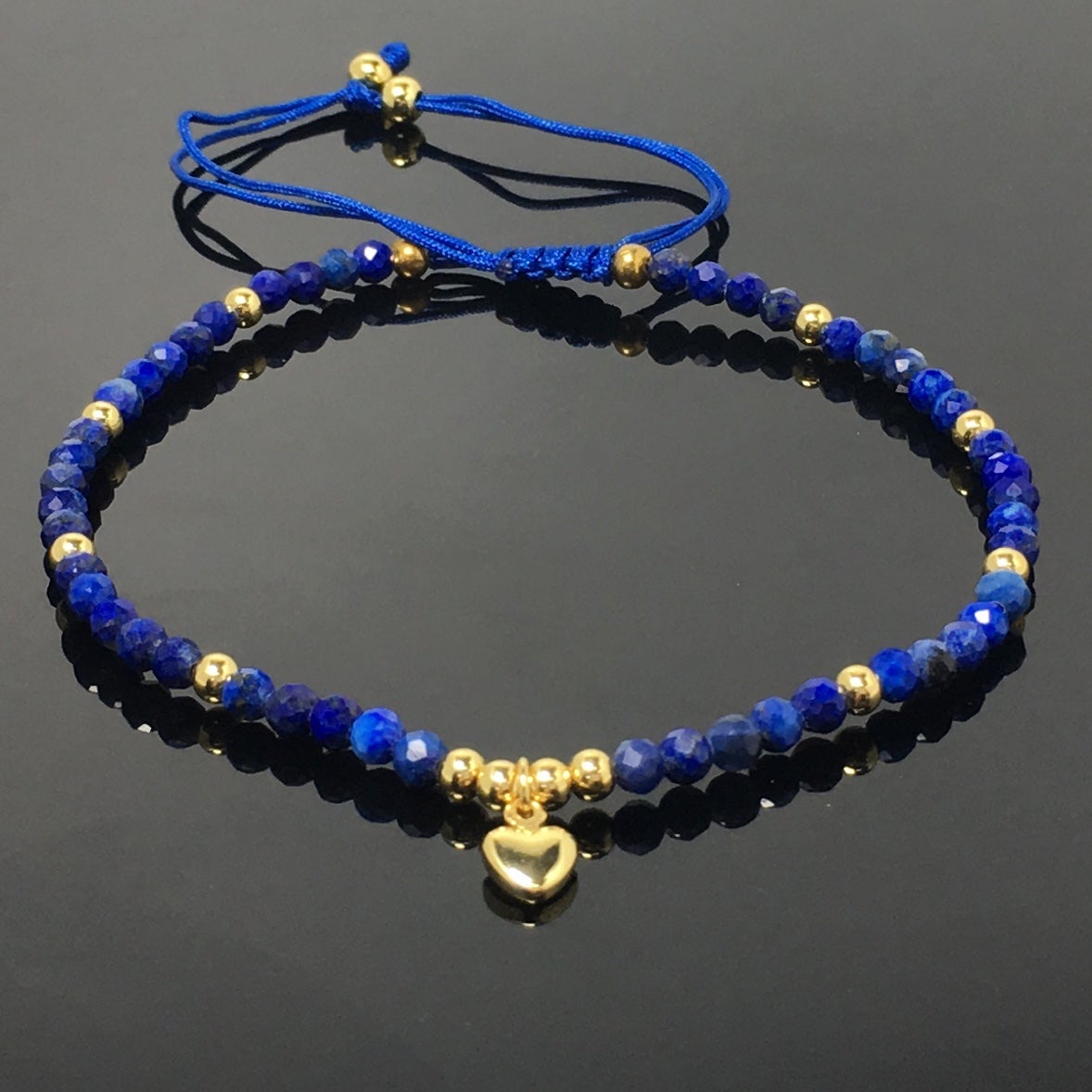 Lapis Gemstone Braid Rope Macrame Adjustable Bracelet Tiny Beads Gemstone Bracelet with Love Heart Charm