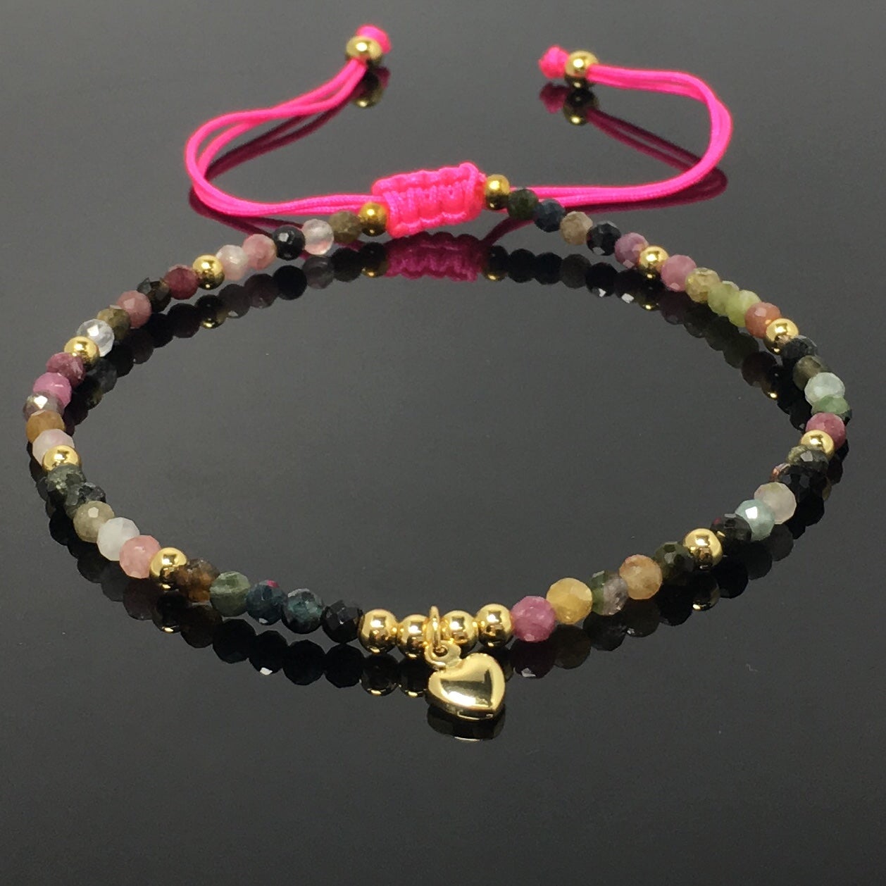 Tourmaline Gemstone Braid Rope Macrame Adjustable Bracelet Tiny Beads Gemstone Bracelet with Love Heart Charm
