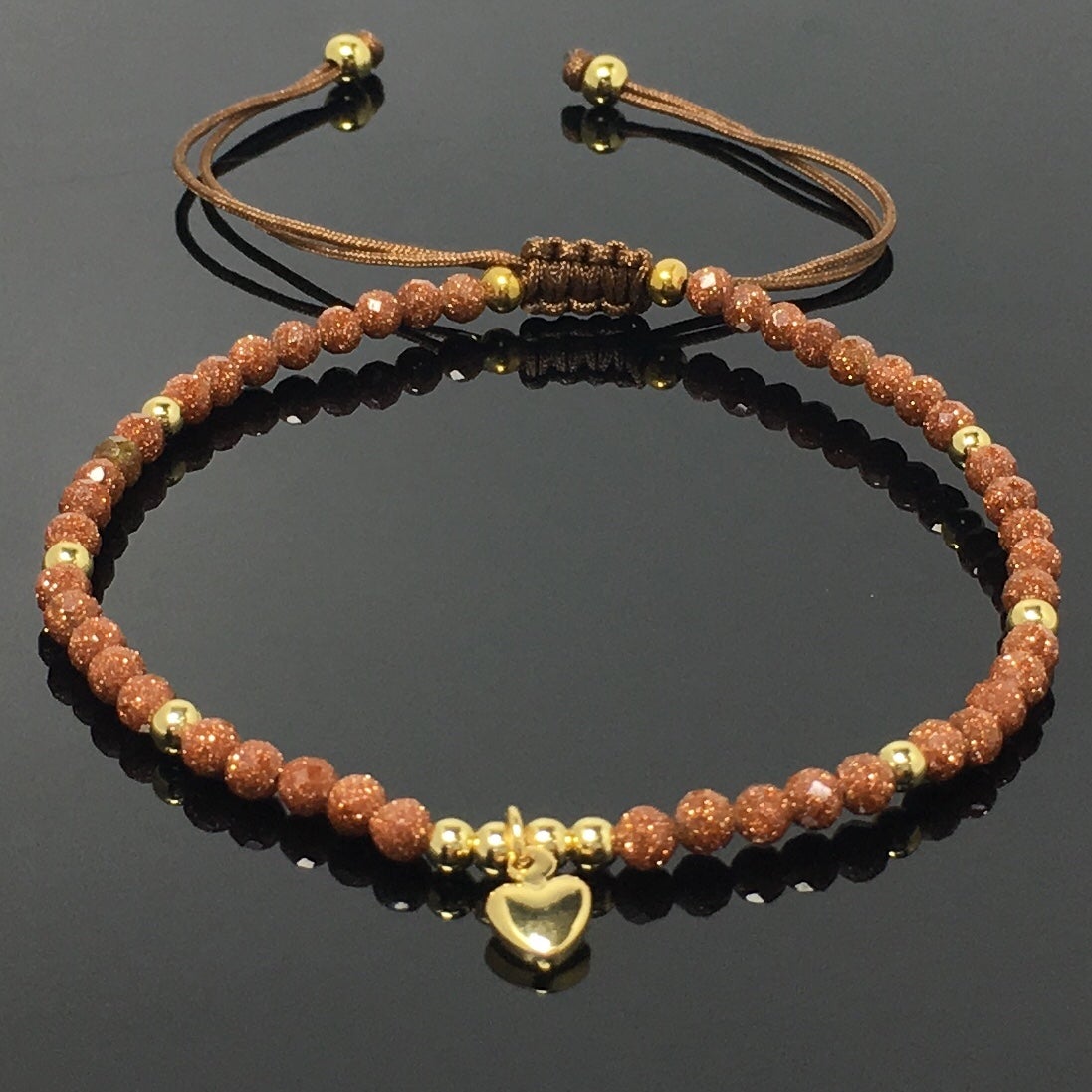 Gold Sandstone Gemstone Braid Rope Macrame Adjustable Bracelet Tiny Beads Gemstone Bracelet with Love Heart Charm