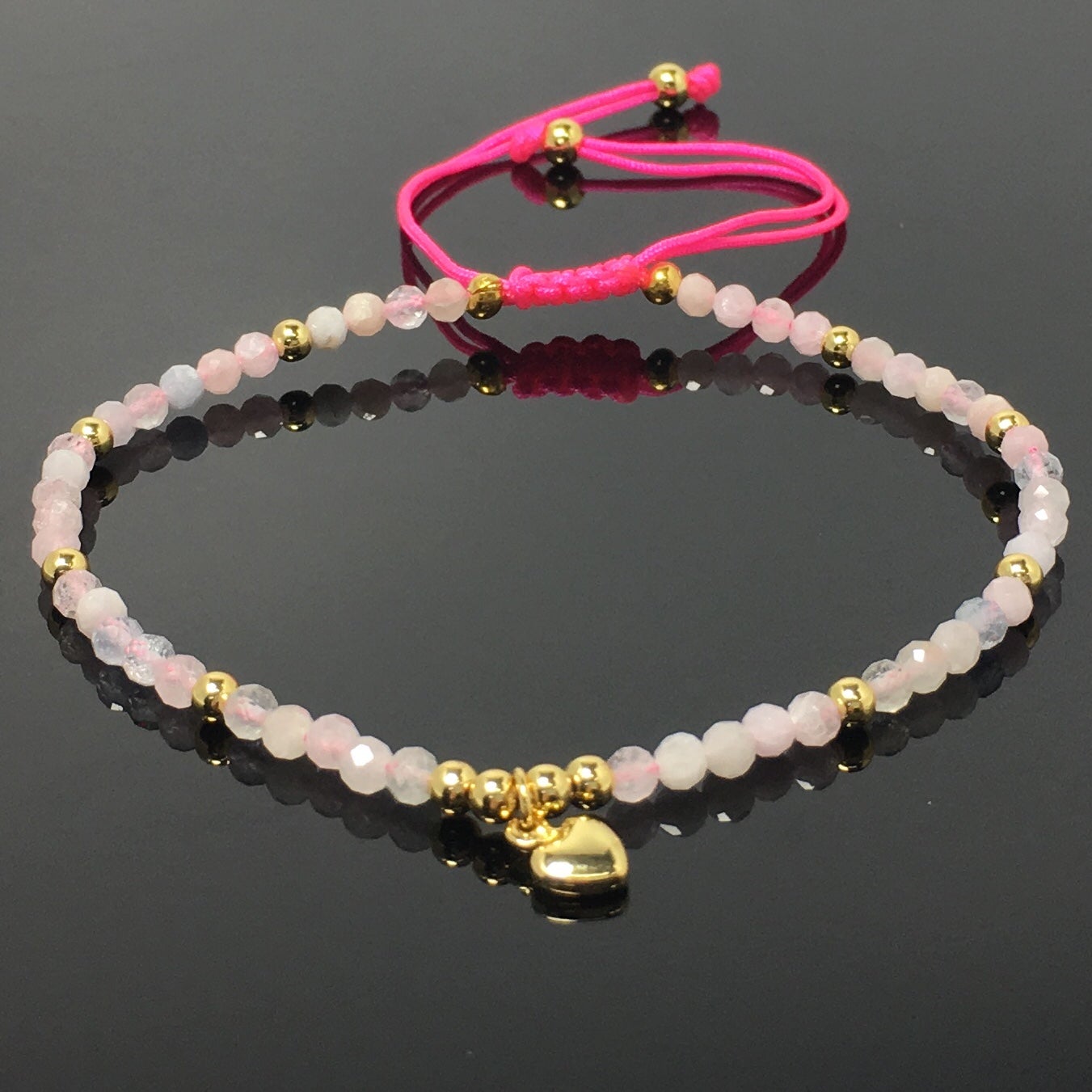 Morganite Gemstone Braid Rope Macrame Adjustable Bracelet Tiny Beads Gemstone Bracelet with Love Heart Charm