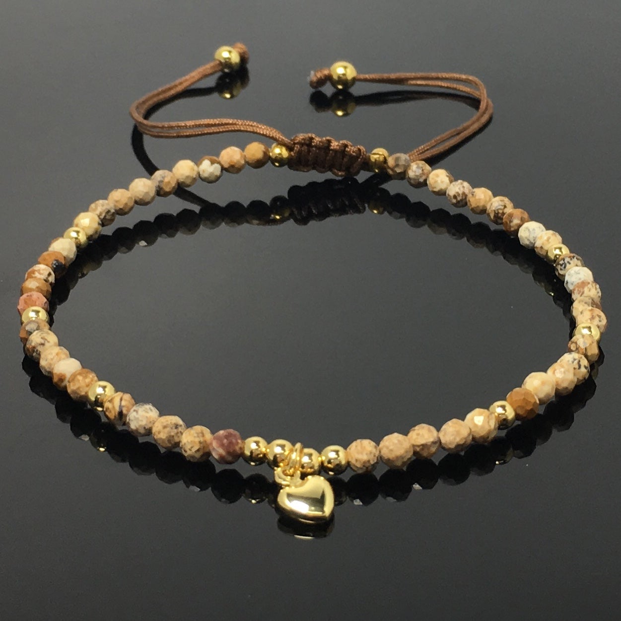 Picture Jasper Gemstone Braid Rope Macrame Adjustable Bracelet Tiny Beads Gemstone Bracelet with Love Heart Charm