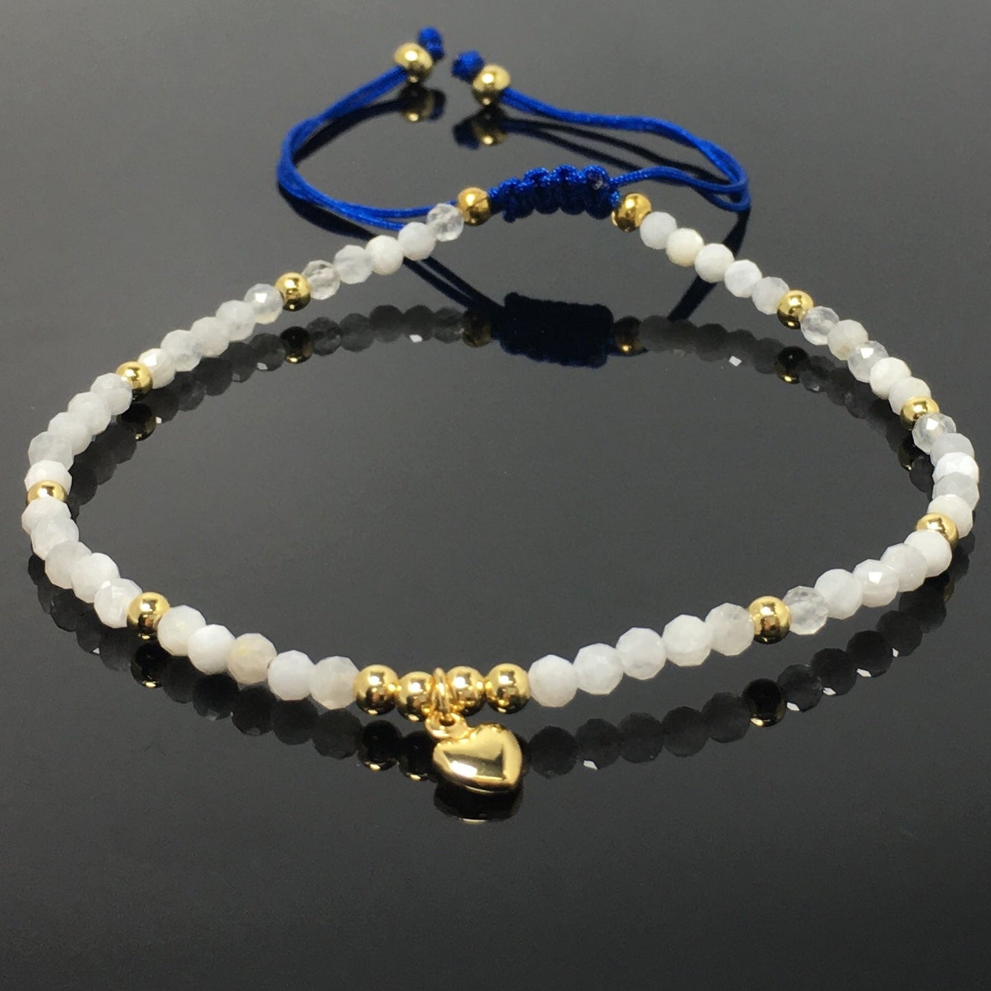 Moonstone Gemstone Braid Rope Macrame Adjustable Bracelet Tiny Beads Gemstone Bracelet with Love Heart Charm