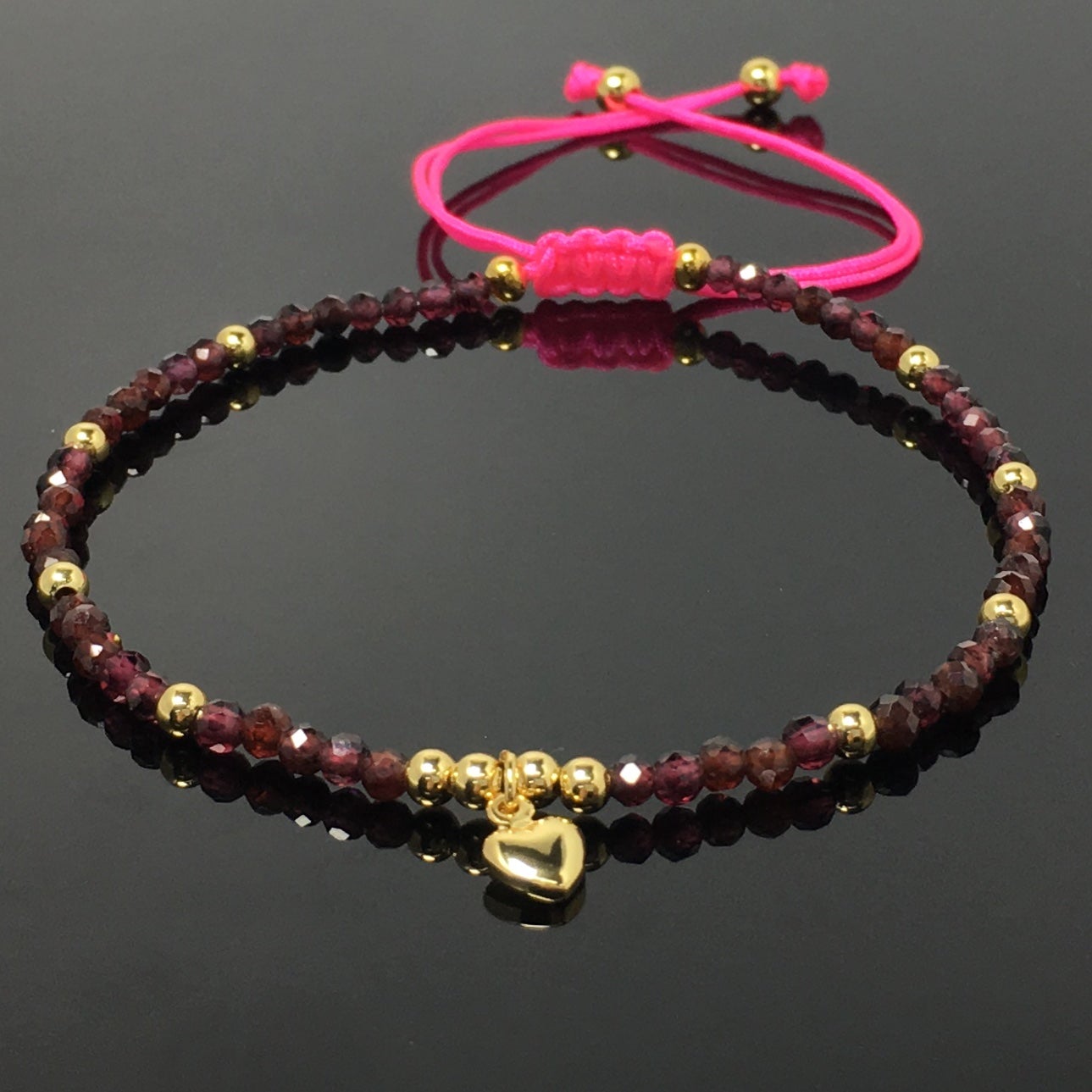 Garnet Gemstone Braid Rope Macrame Adjustable Bracelet Tiny Beads Gemstone Bracelet with Love Heart Charm