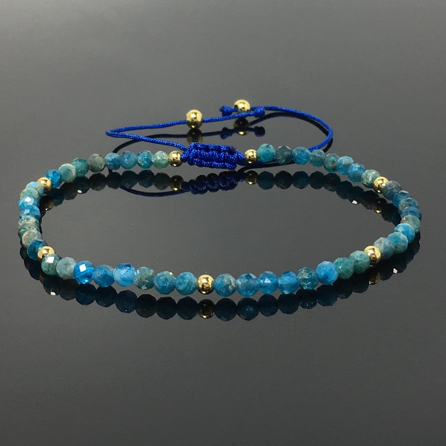 Natural Blue Apatite Gemstone Braid Rope Macrame Adjustable Bracelet Tiny Beads Gemstone Bracelet with Gold Beads Spacer