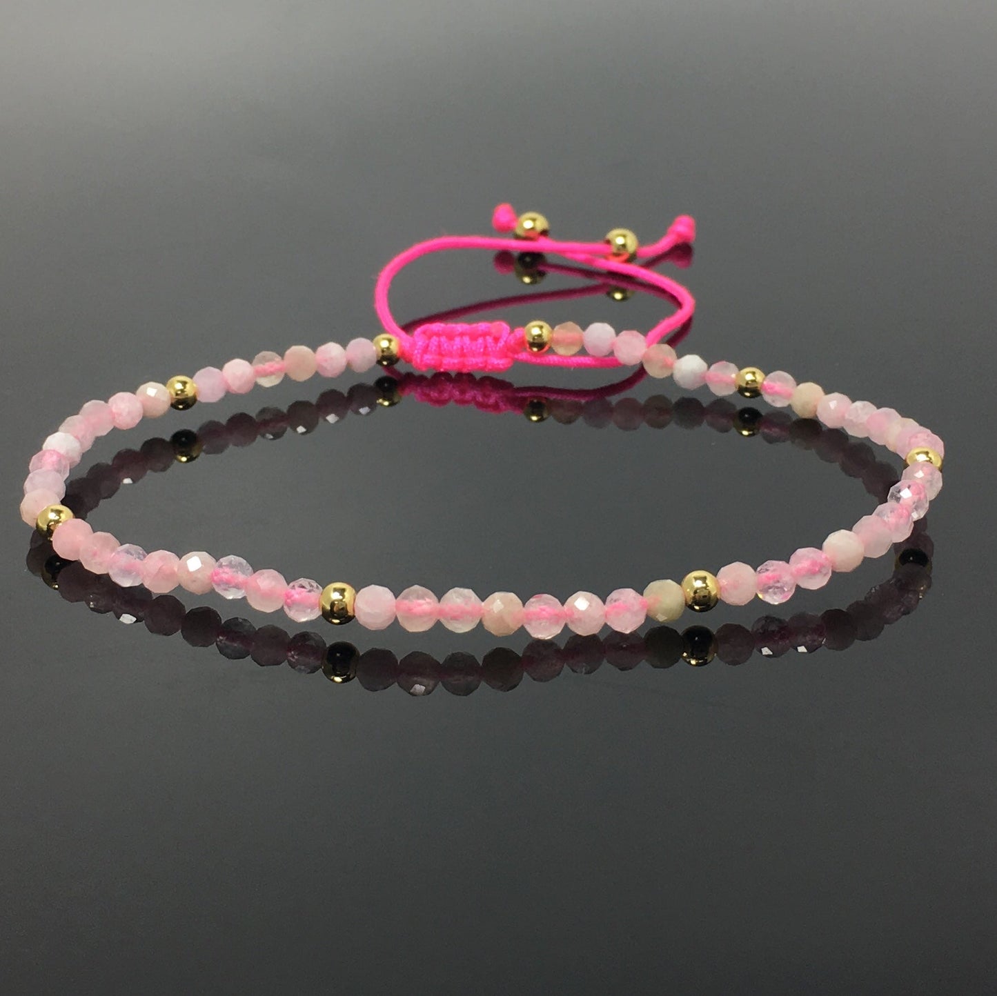 Natural Morganite Gemstone Braid Rope Macrame Adjustable Bracelet Tiny Beads Gemstone Bracelet with Gold Beads Spacer