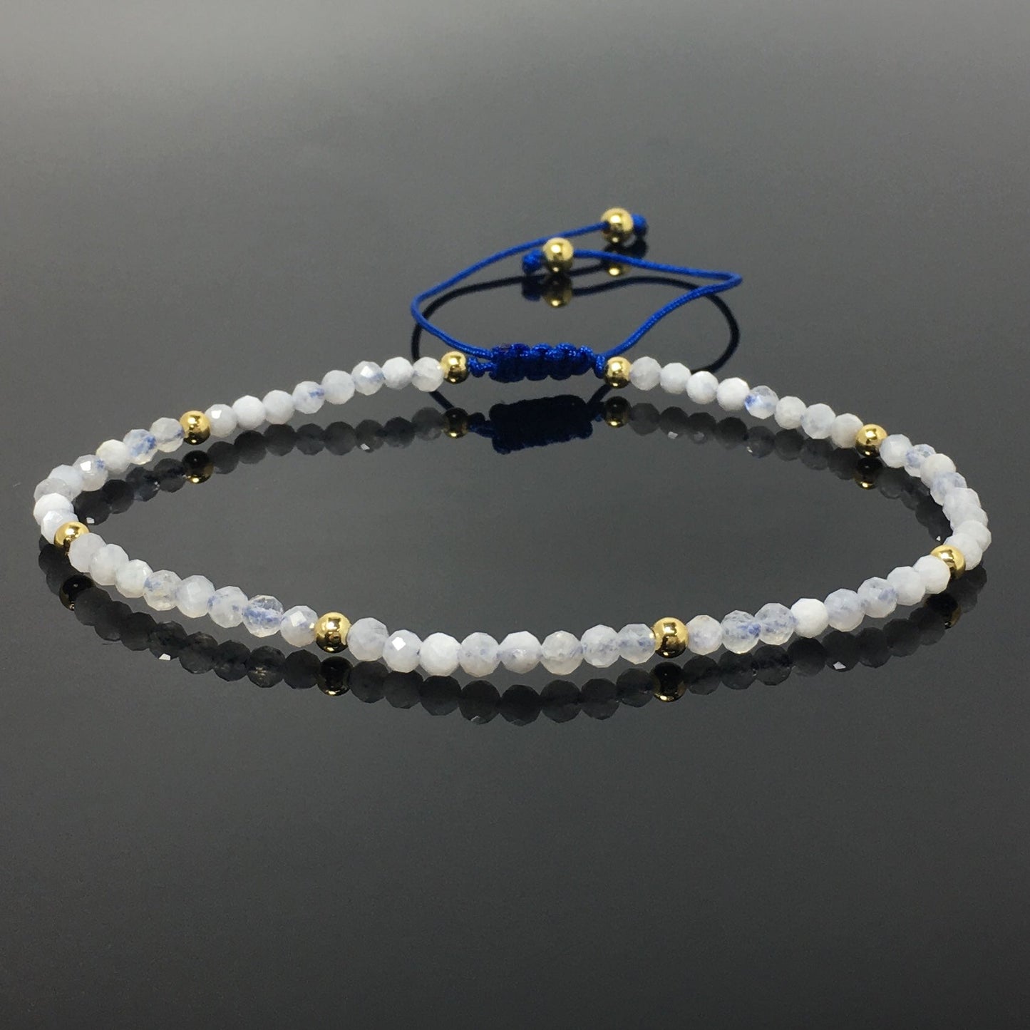 Natural Moonstone Gemstone Braid Rope Macrame Adjustable Bracelet Tiny Beads Gemstone Bracelet with Gold Beads Spacer