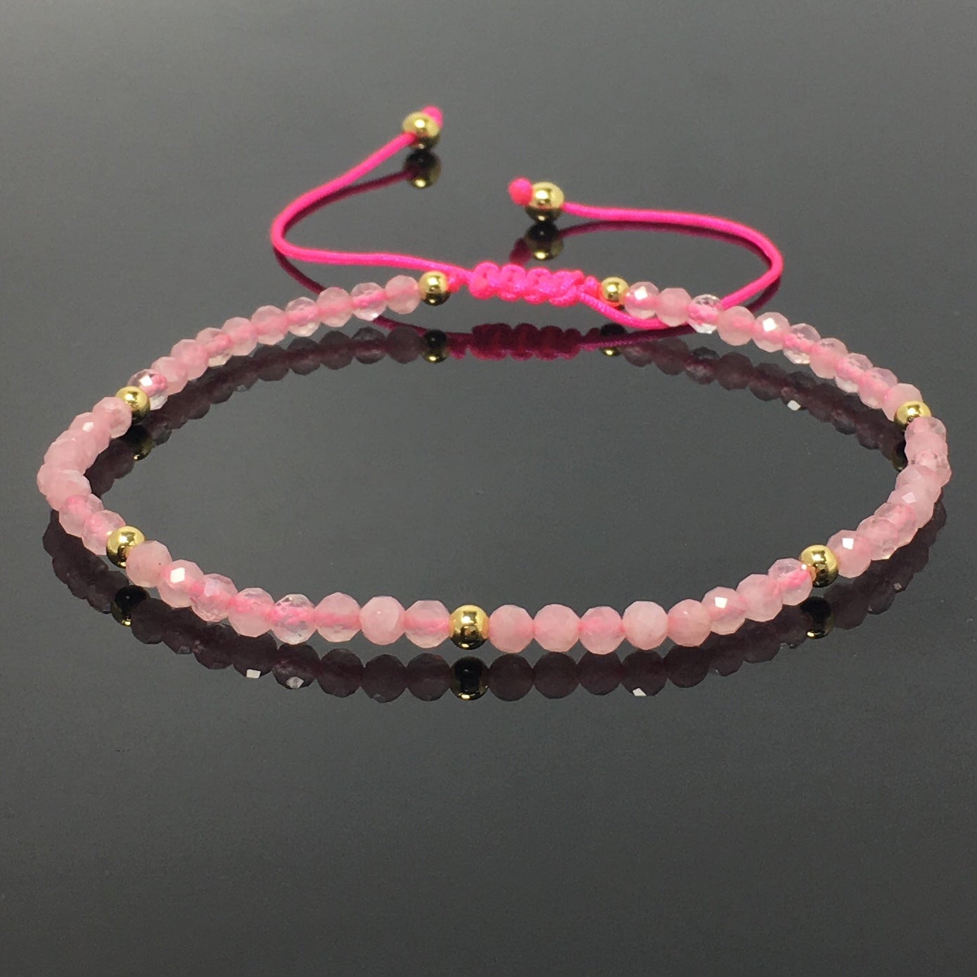 Natural Pink Rose Quartz Gemstone Braid Rope Macrame Adjustable Bracelet Tiny Beads Gemstone Bracelet with Gold Beads Spacer