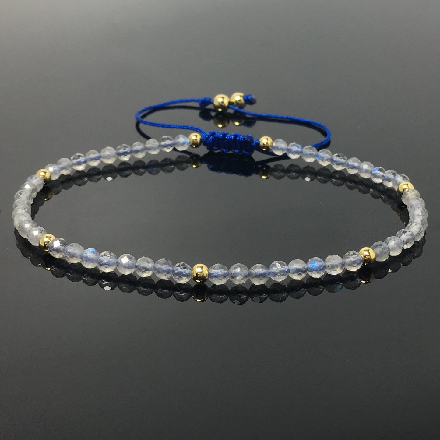 Natural Labradorite Gemstone Braid Rope Macrame Adjustable Bracelet Tiny Beads Gemstone Bracelet with Gold Beads Spacer