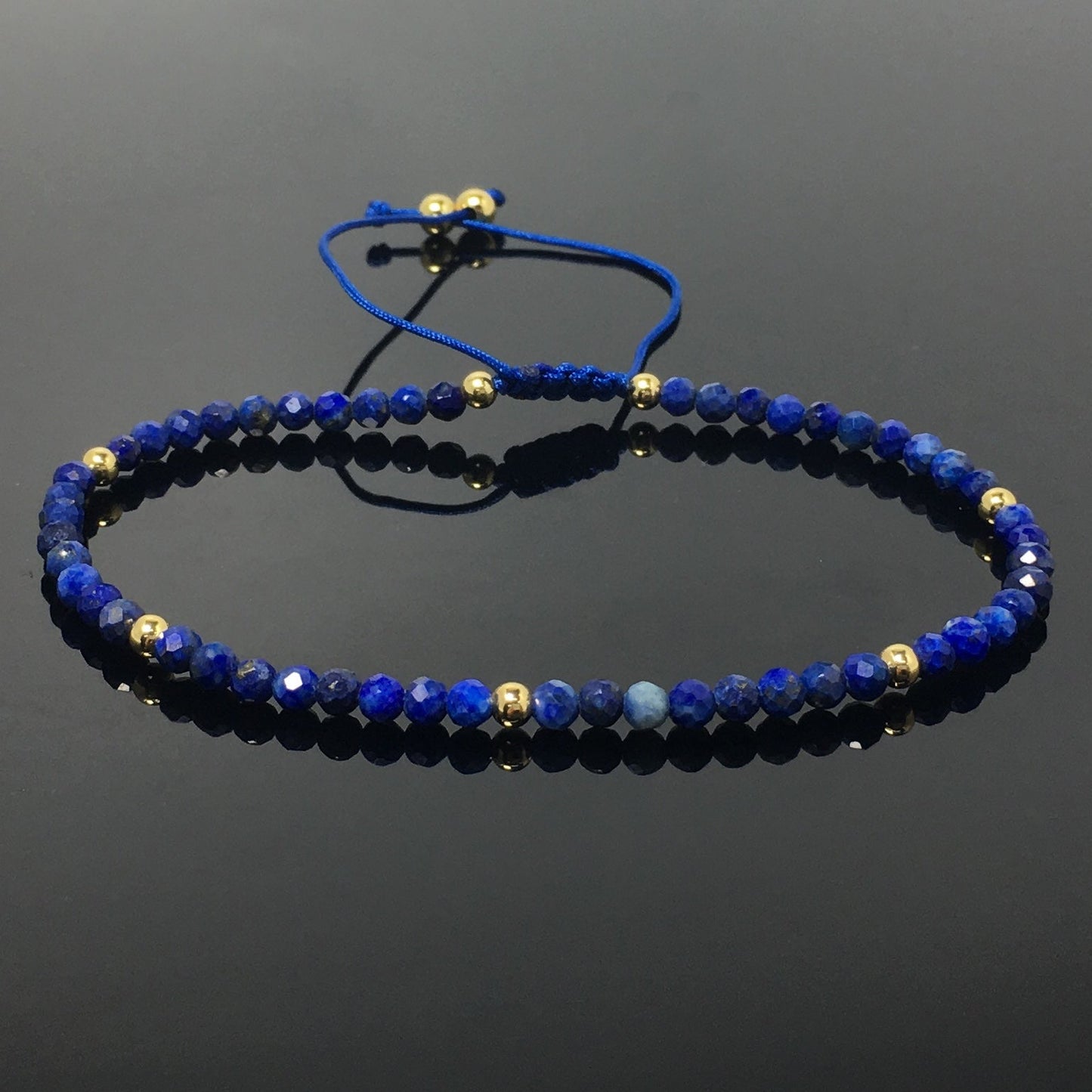 Natural Lapis Lazuli Gemstone Braid Rope Macrame Adjustable Bracelet Tiny Beads Gemstone Bracelet with Gold Beads Spacer