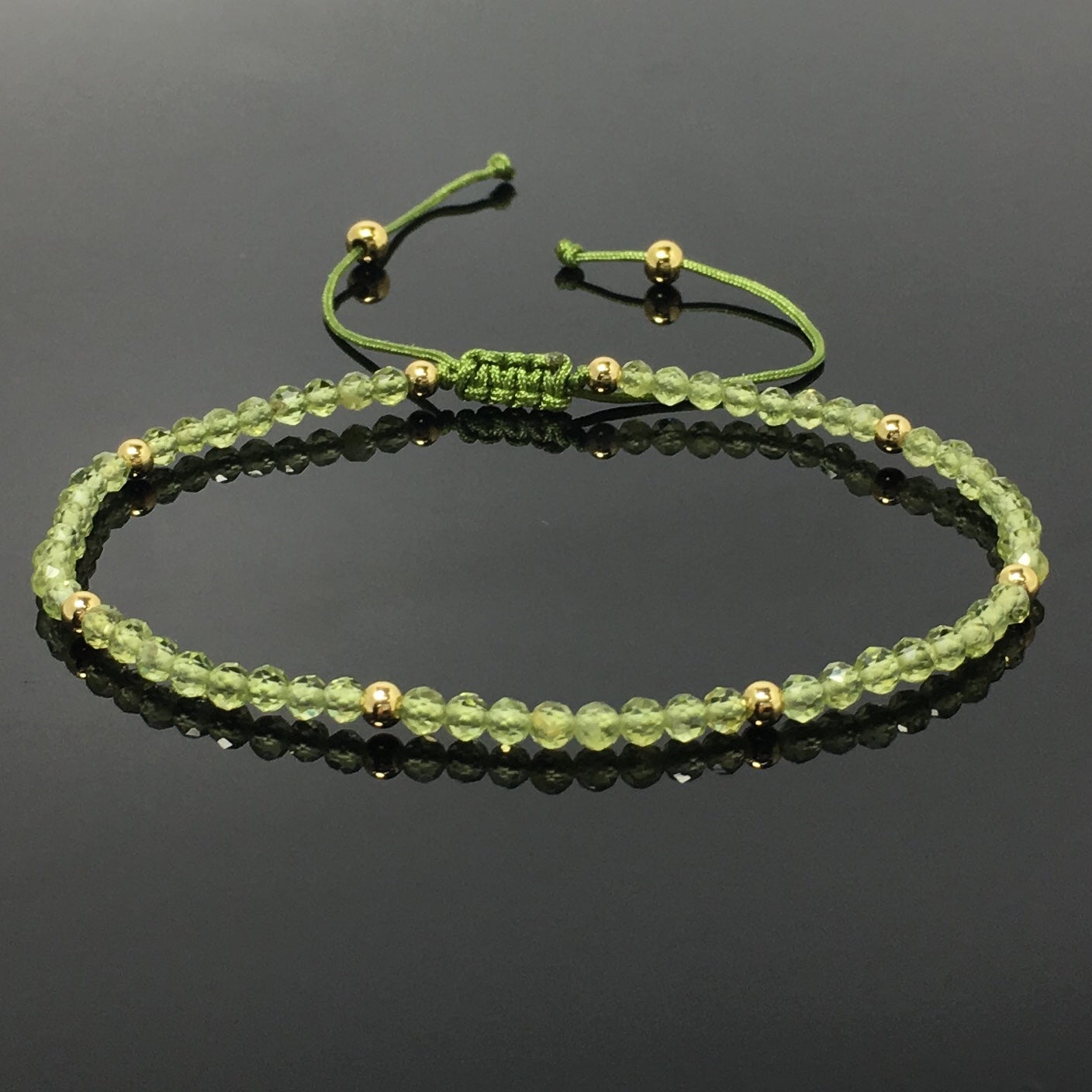Natural Peridot Gemstone Braid Rope Macrame Adjustable Bracelet Tiny Beads Gemstone Bracelet with Gold Beads Spacer