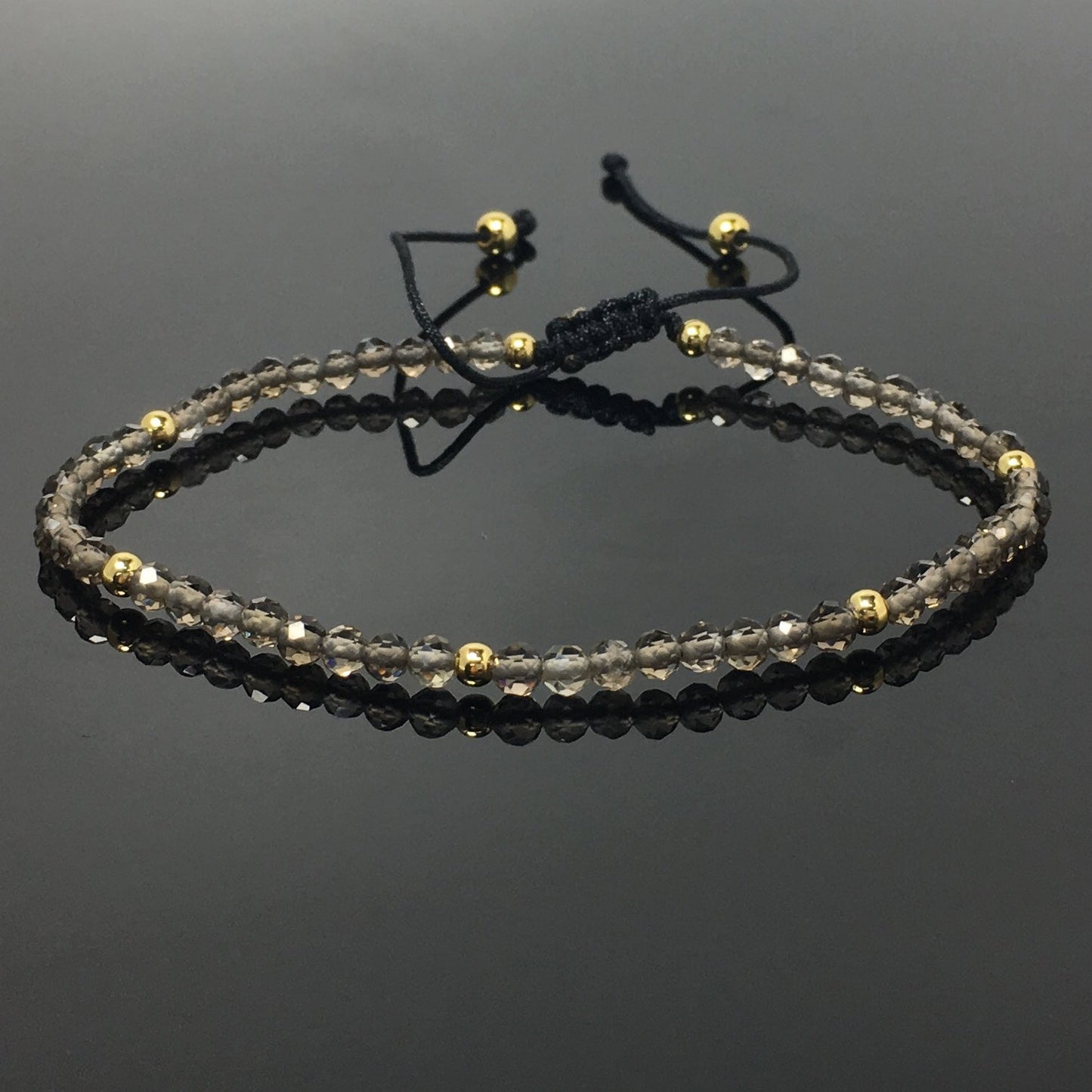 Natural Smoky Quartz Gemstone Braid Rope Macrame Adjustable Bracelet Tiny Beads Gemstone Bracelet with Gold Beads Spacer