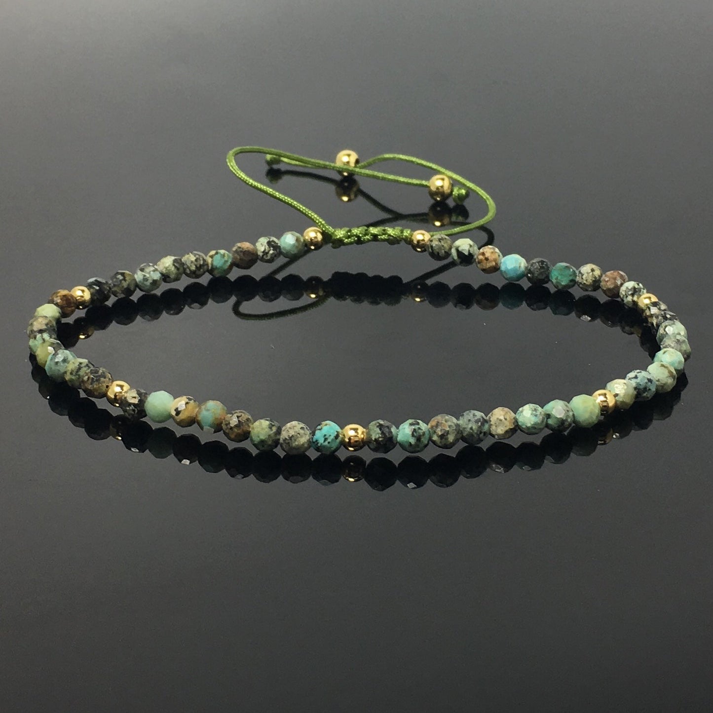 Natural African Turquoise Gemstone Braid Rope Macrame Adjustable Bracelet Tiny Beads Gemstone Bracelet with Gold Beads Spacer