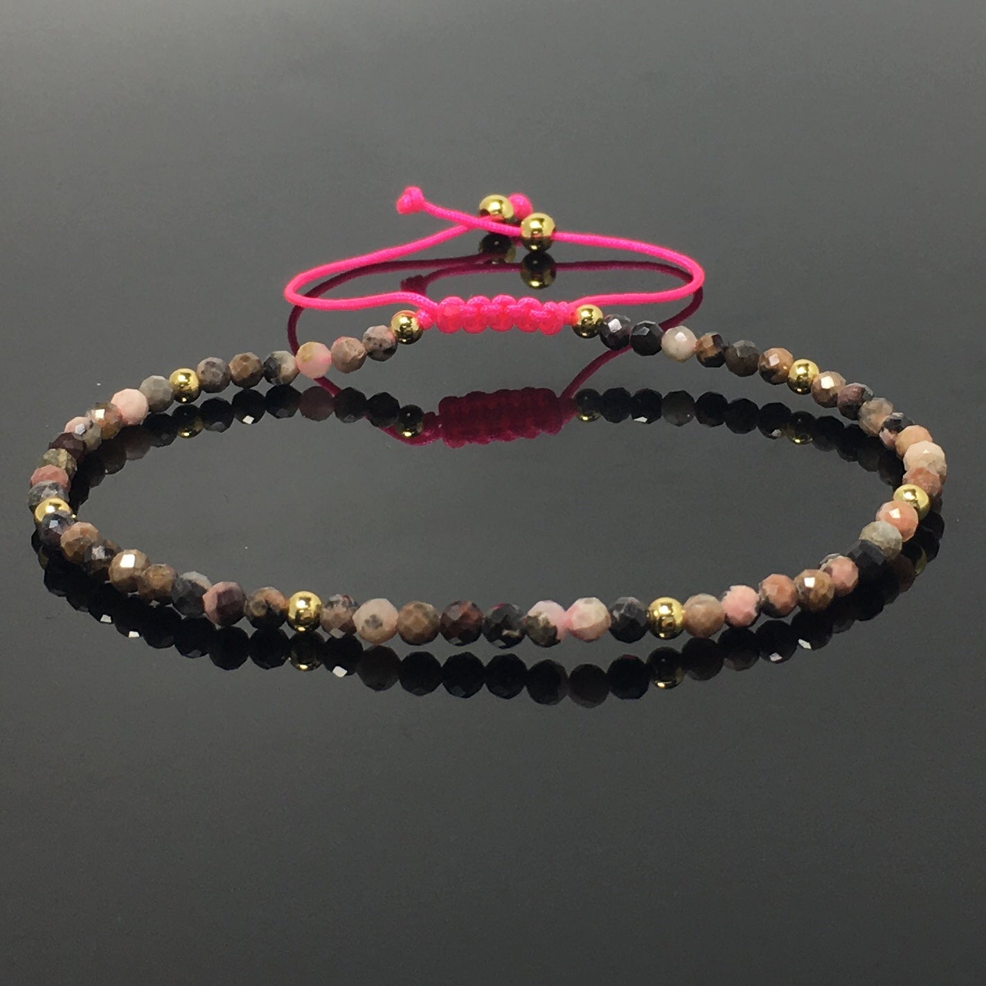 Natural Pink Rhodonite Gemstone Braid Rope Macrame Adjustable Bracelet Tiny Beads Gemstone Bracelet with Gold Beads Spacer