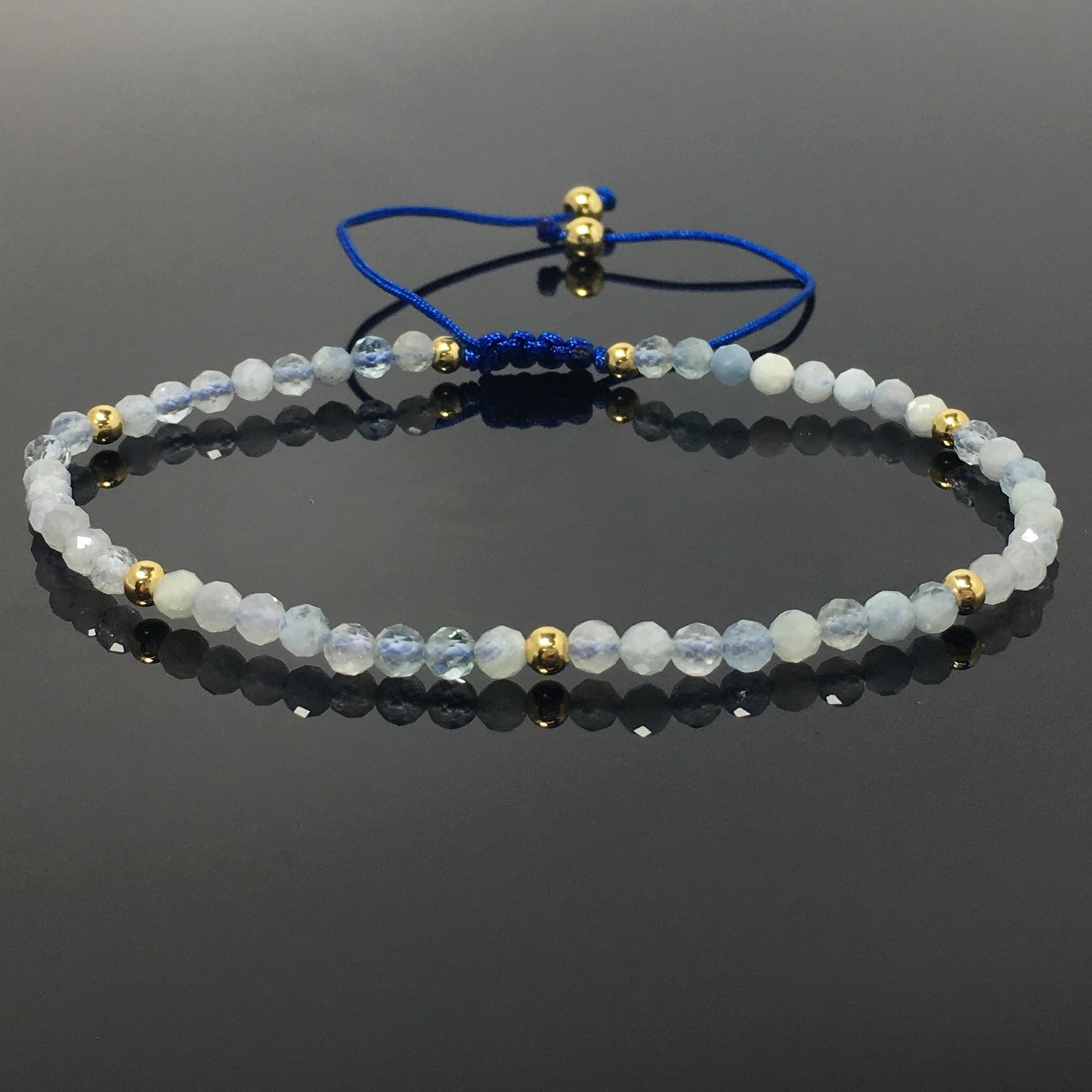 Natural Aquamarine Gemstone Braid Rope Macrame Adjustable Bracelet Tiny Beads Gemstone Bracelet with Gold Beads Spacer