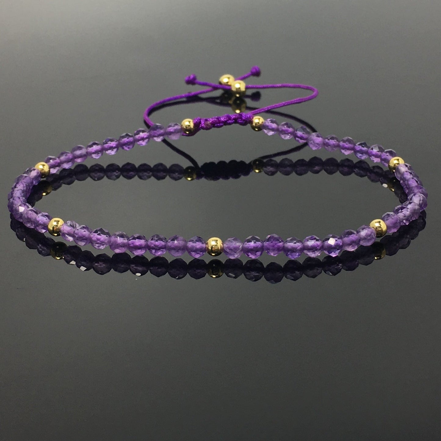 Natural Amethyst Gemstone Braid Rope Macrame Adjustable Bracelet Tiny Beads Gemstone Bracelet with Gold Beads Spacer