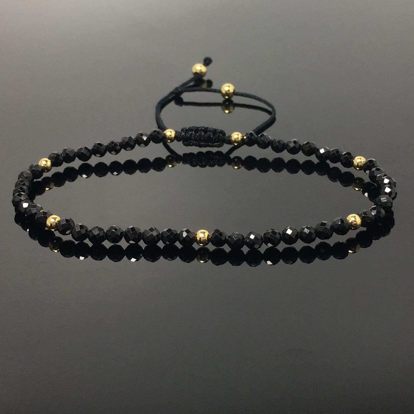 Natural Black Spinel Gemstone Braid Rope Macrame Adjustable Bracelet Tiny Beads Gemstone Bracelet with Gold Beads Spacer