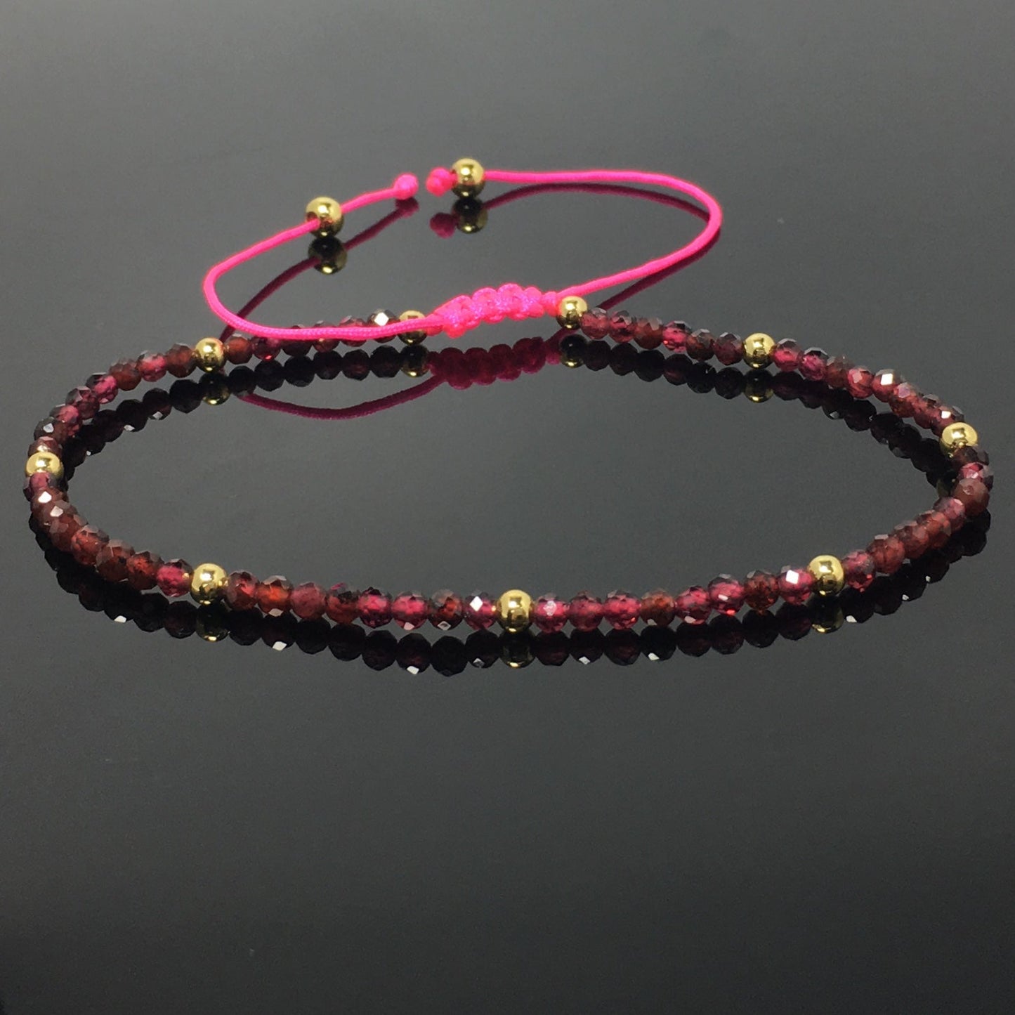 Natural Red Garnet Gemstone Braid Rope Macrame Adjustable Bracelet Tiny Beads Gemstone Bracelet with Gold Beads Spacer