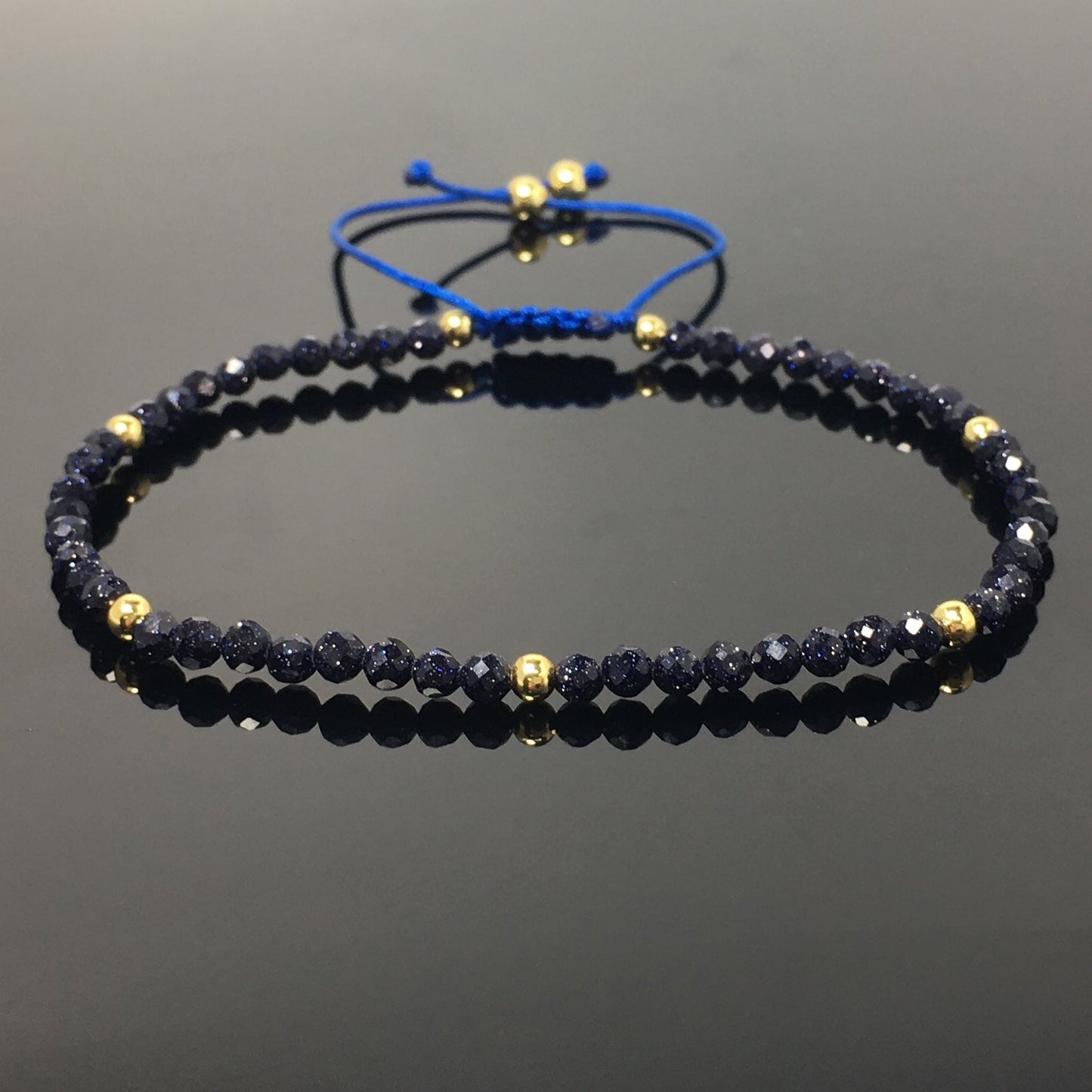 Natural Blue Sandstone Gemstone Braid Rope Macrame Adjustable Bracelet Tiny Beads Gemstone Bracelet with Gold Beads Spacer