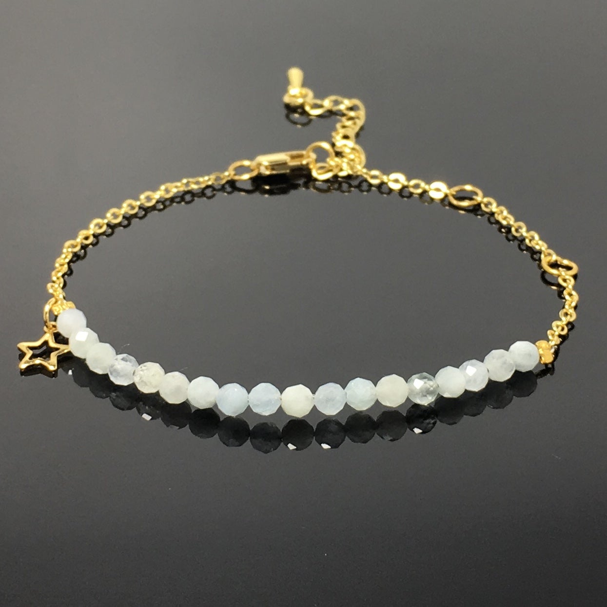 Aquamarine Gemstone Adjustable Bracelet Tiny Beads Gemstone Gold Plated Chain Linked Bracelet for Women