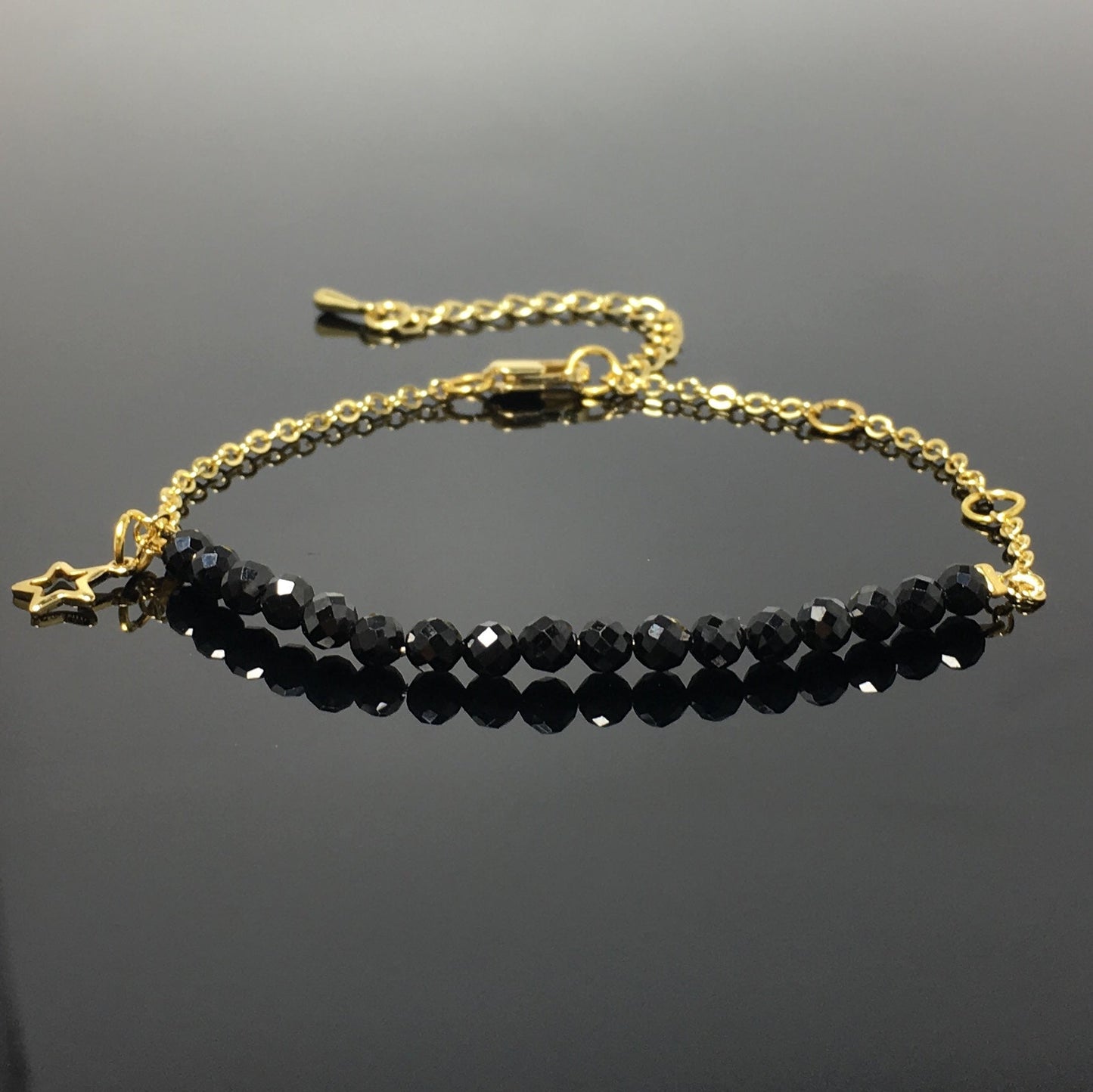 Black Spinel Gemstone Adjustable Bracelet Tiny Beads Gemstone Gold Plated Chain Linked Bracelet for Women