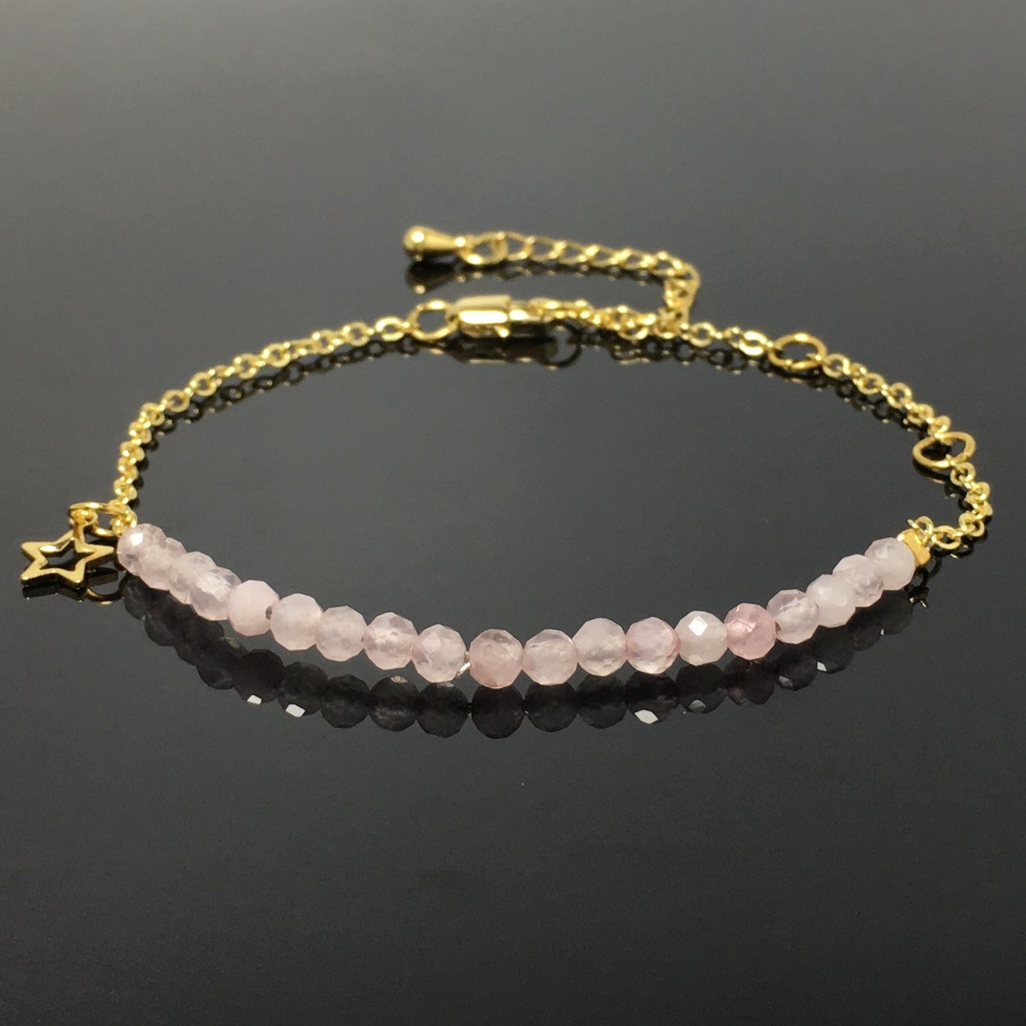 Rose Quartz Gemstone Adjustable Bracelet Tiny Beads Gemstone Gold Plated Chain Linked Bracelet for Women