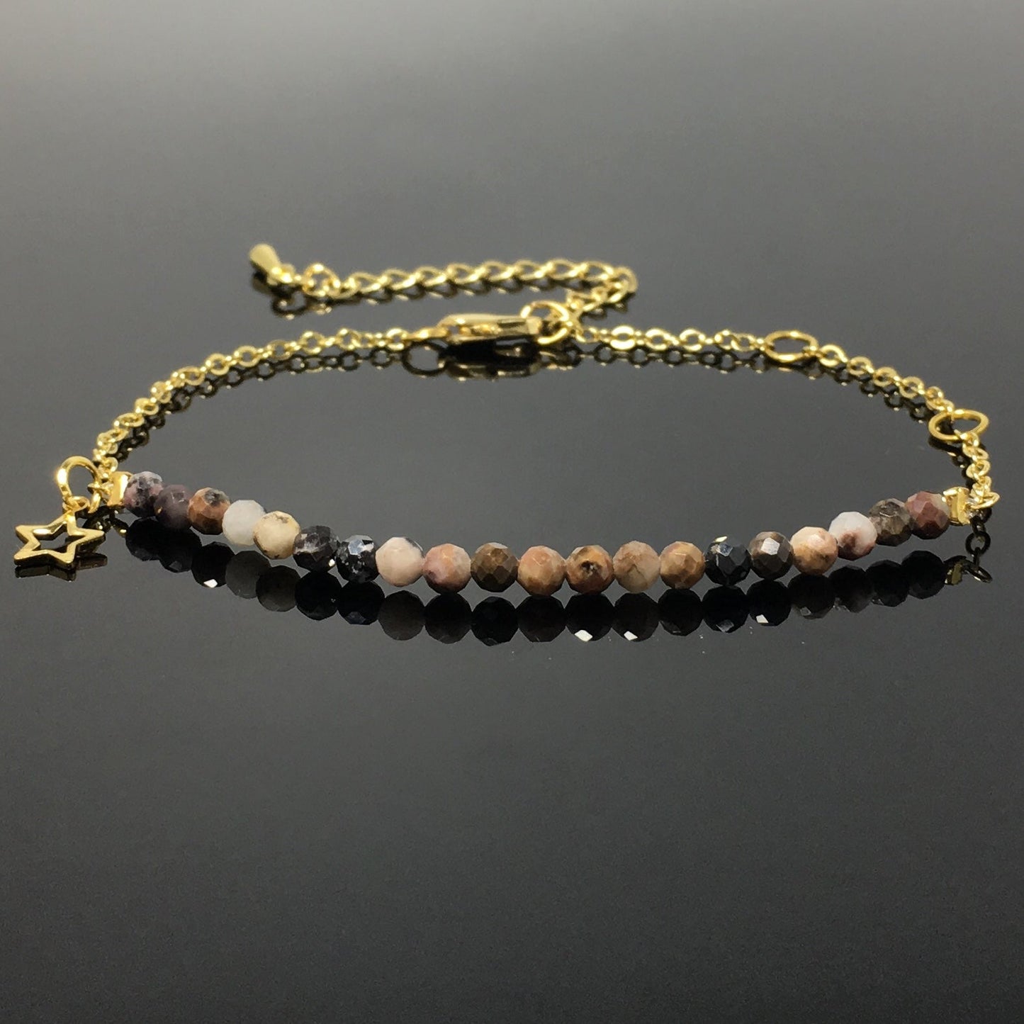 Pink Rhododnite Gemstone Adjustable Bracelet Tiny Beads Gemstone Gold Plated Chain Linked Bracelet for Women